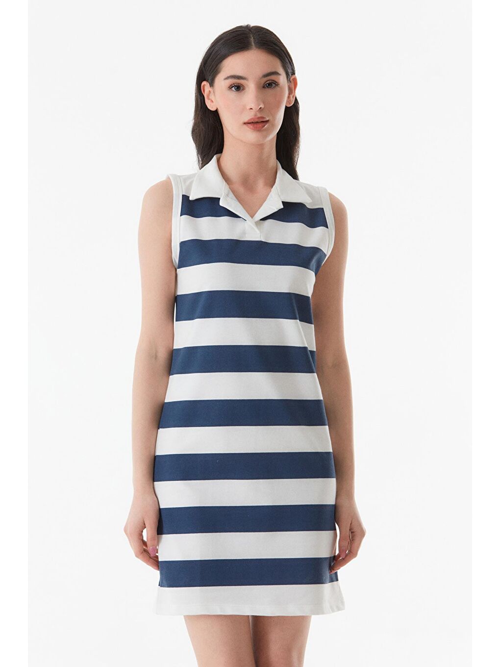 Lacivert Çizgili Gömlek Yaka  Elbise-1