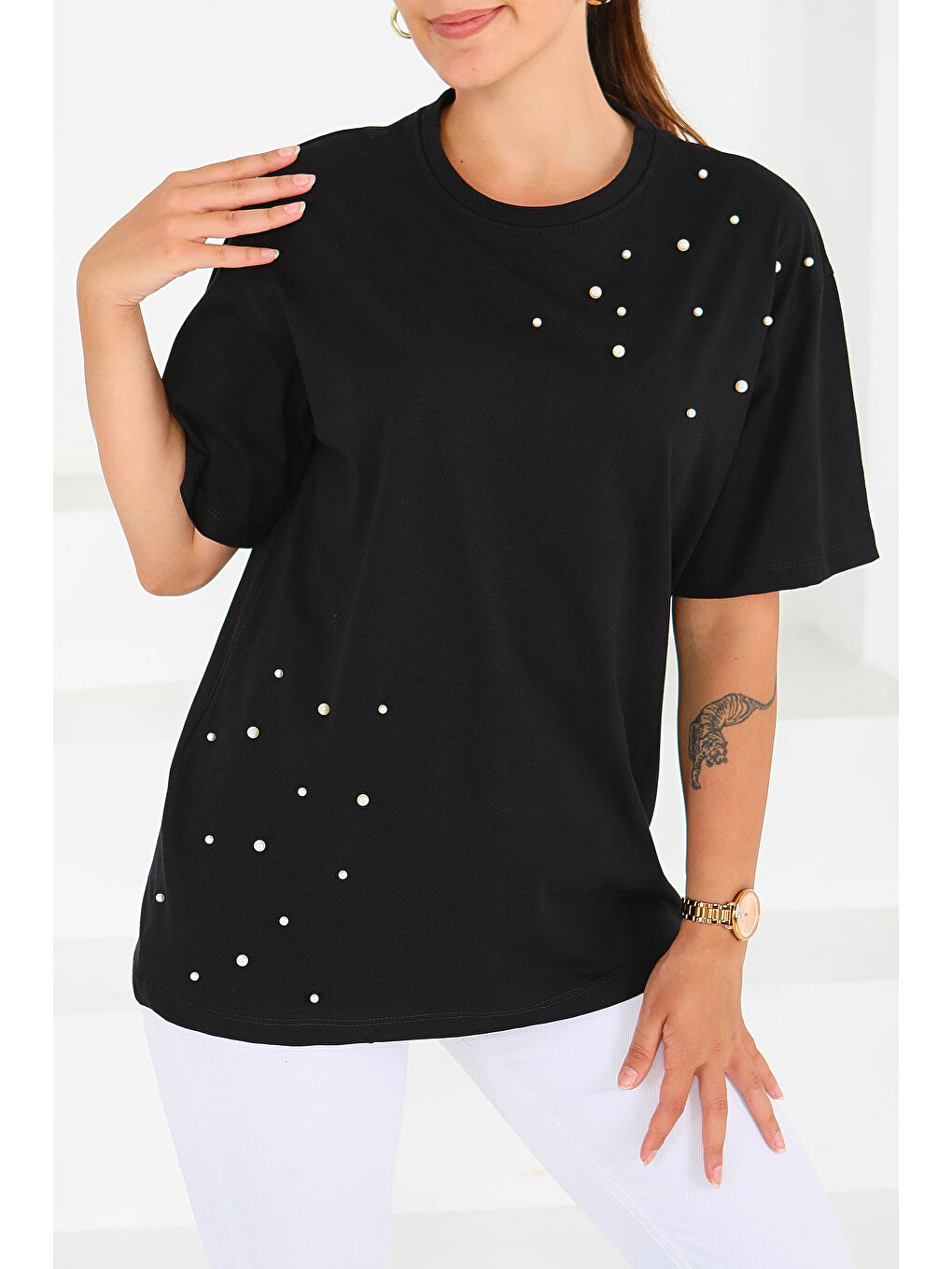 İncili Kısa Kollu T-Şhirt Siyah - 27543-2