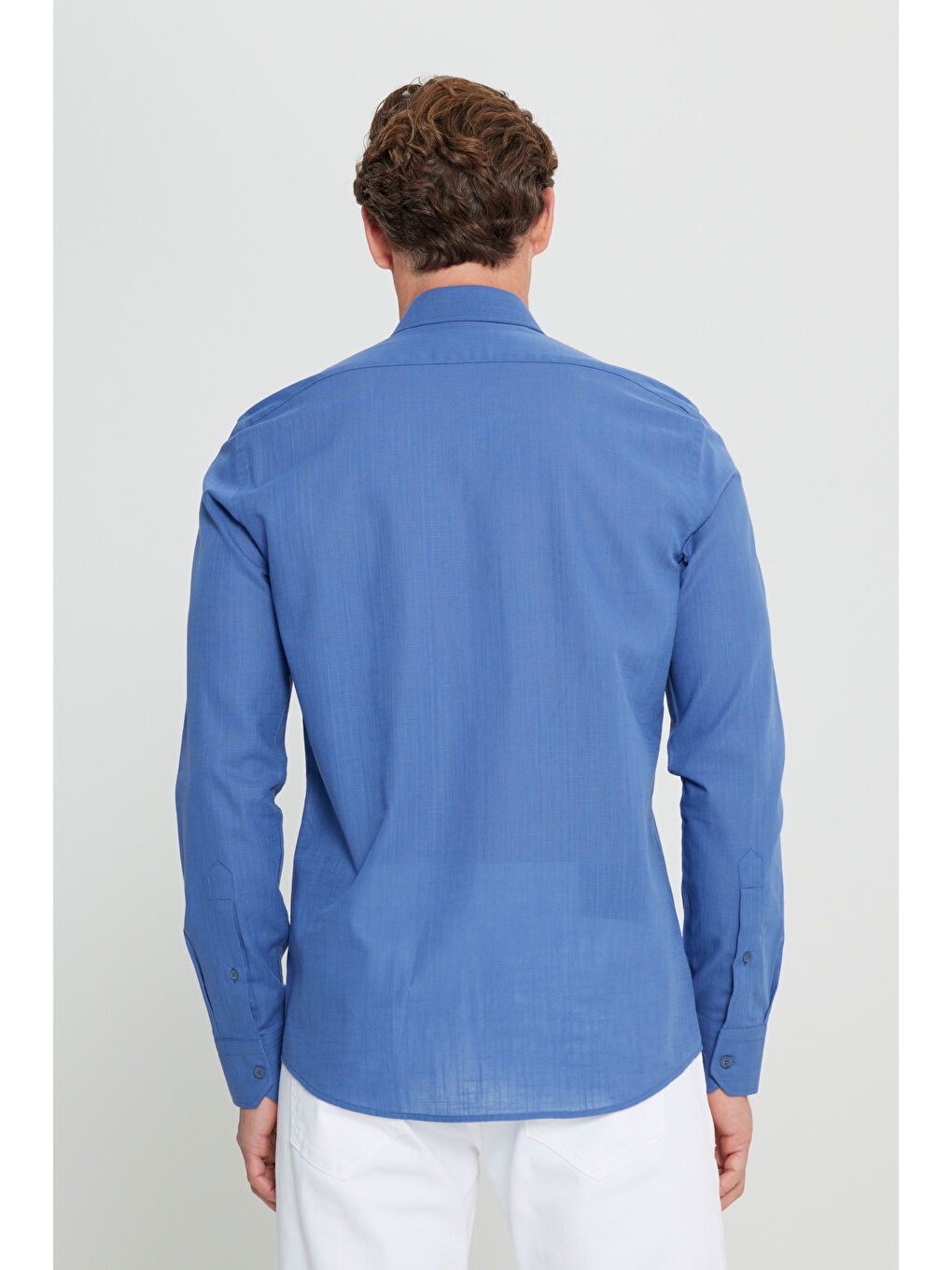 Erkek İndigo %100 Pamuk Oxford Slim Fit Dar Kesim Düğmeli Yaka Flamlı Gömlek-4