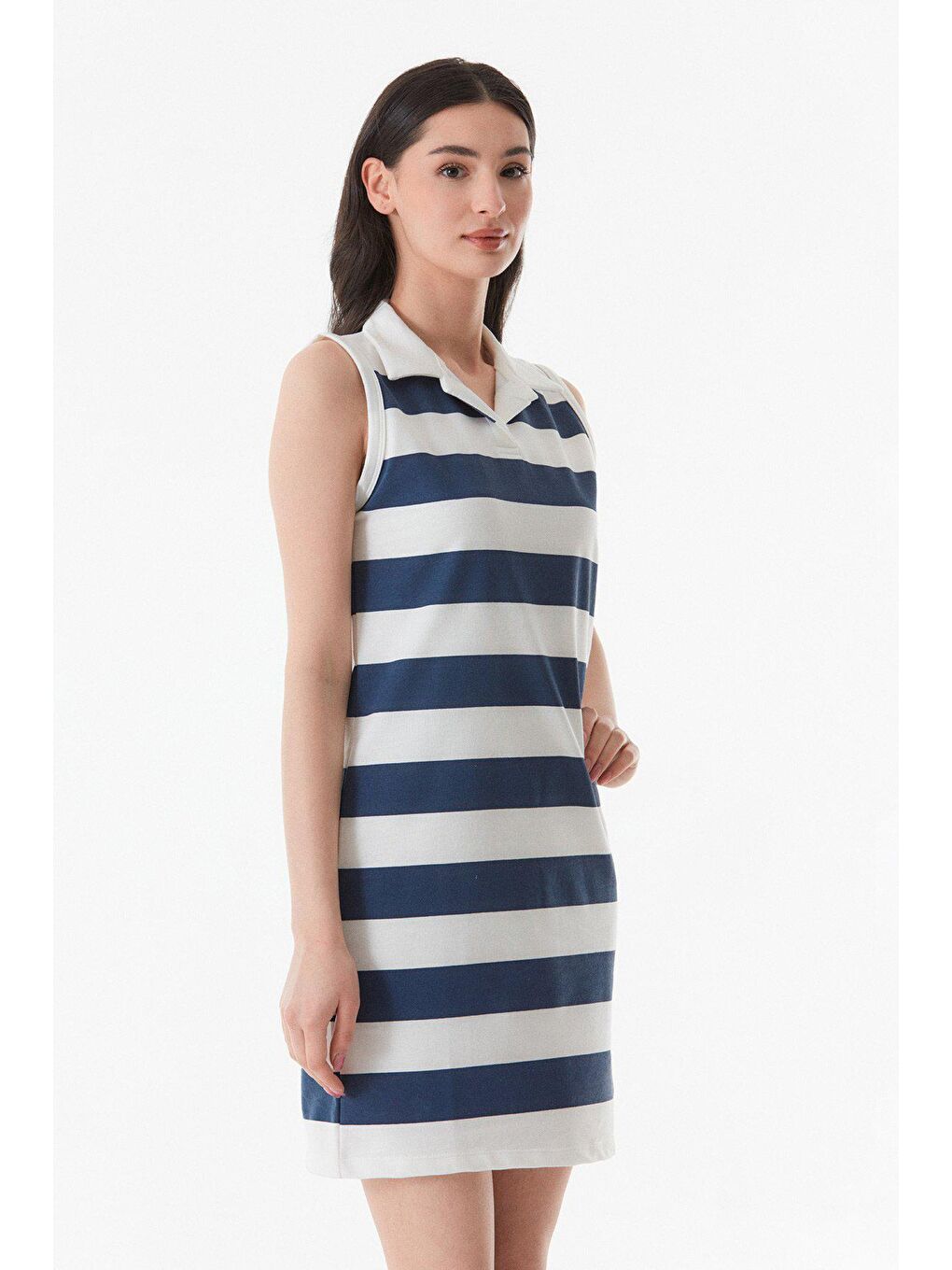 Lacivert Çizgili Gömlek Yaka  Elbise-2