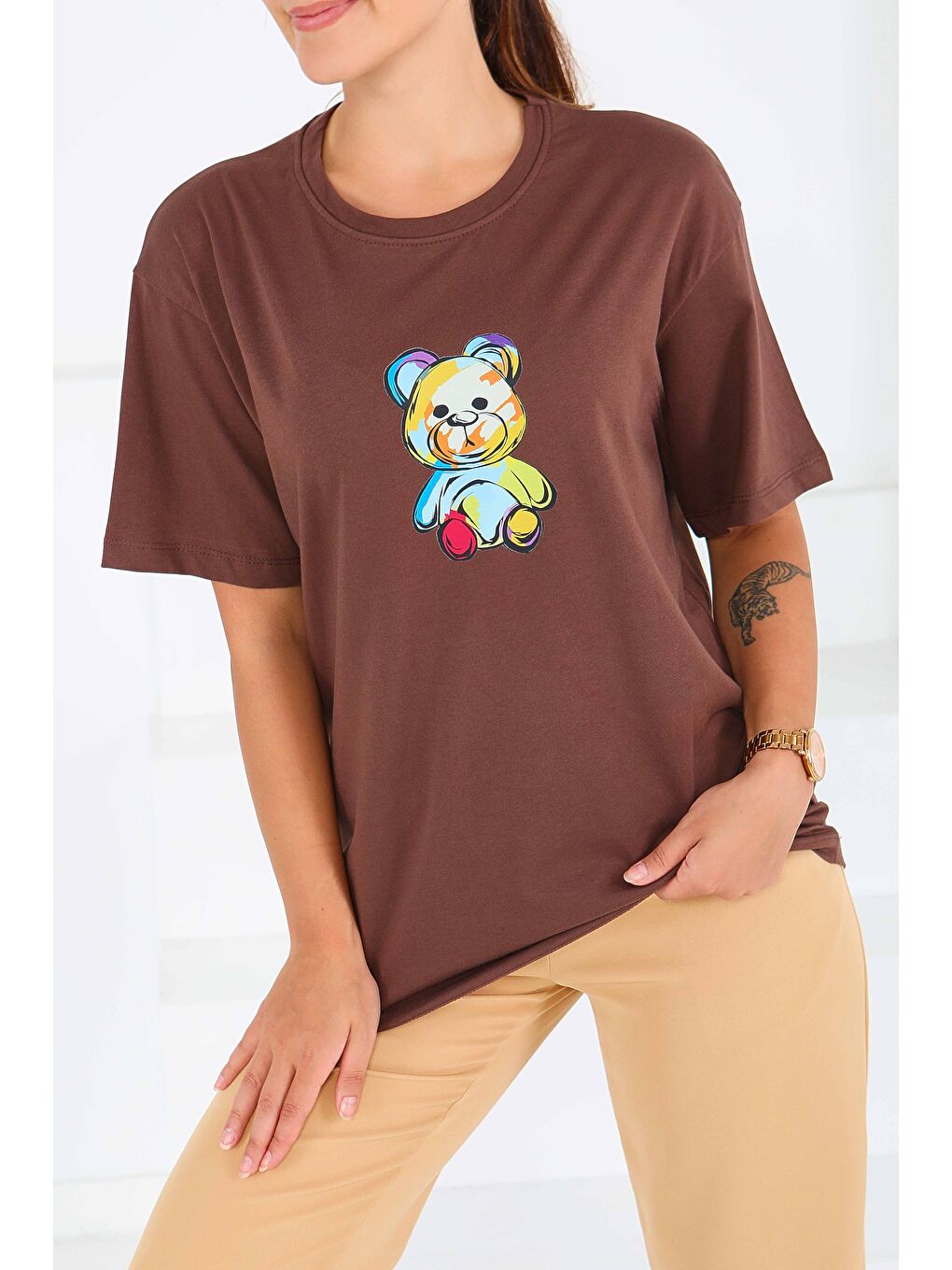 Kahverengi Baskılı Kısa Kollu T-Şhirt Kahve - 27545