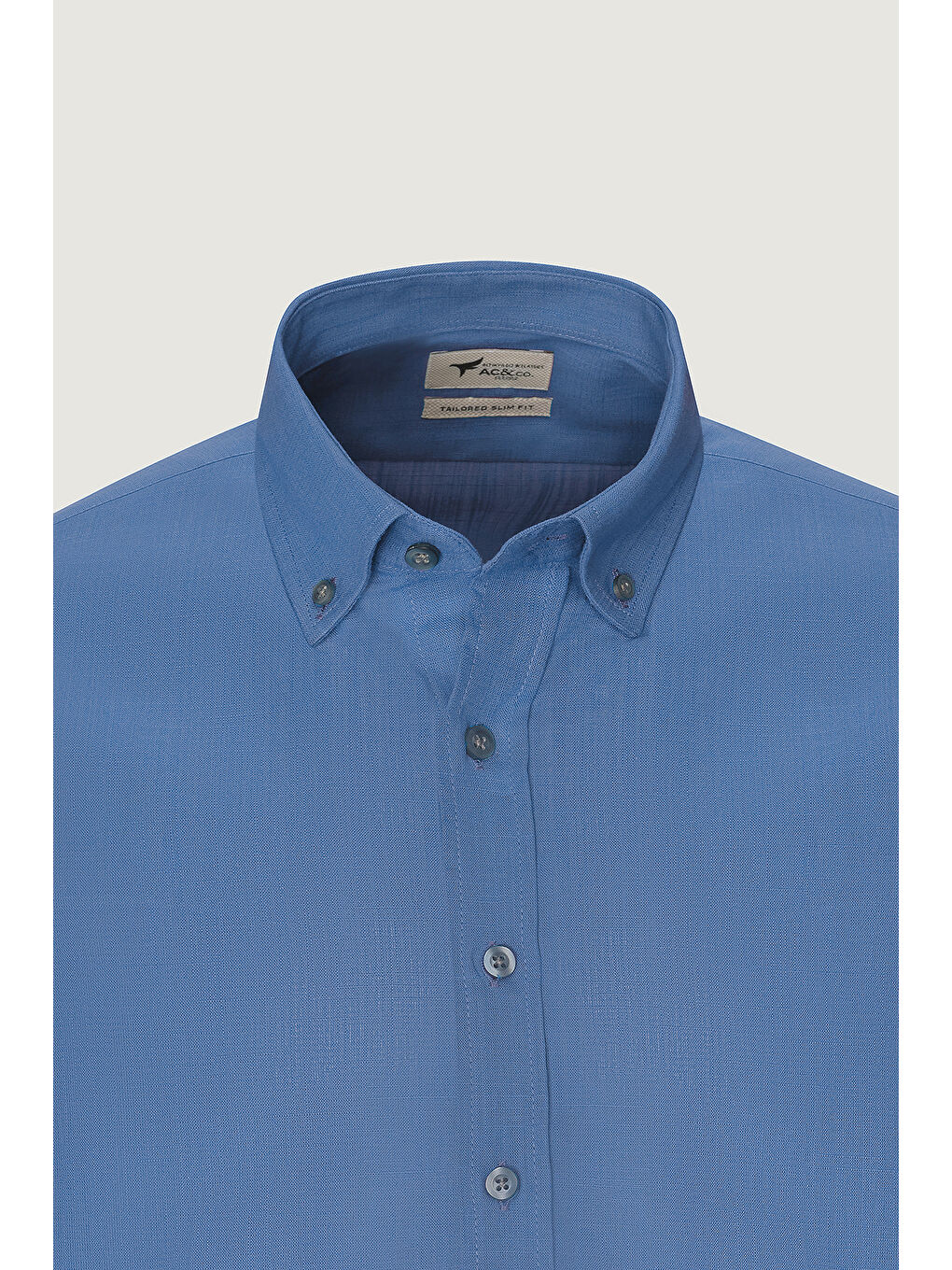 Erkek İndigo %100 Pamuk Oxford Slim Fit Dar Kesim Düğmeli Yaka Flamlı Gömlek-6