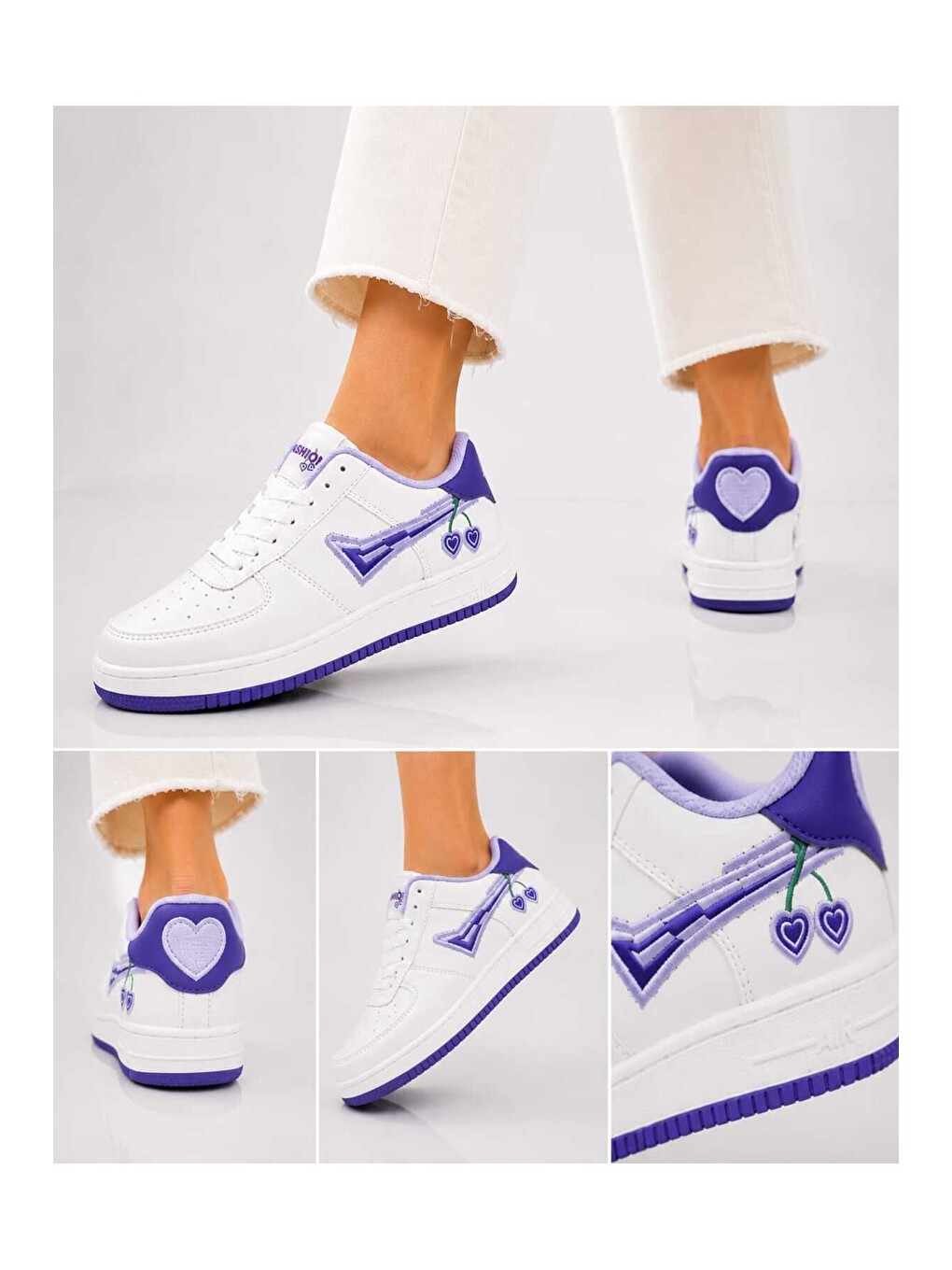 Beyaz Kadın Trend Kiraz İşlemeli Casual Sneaker, Nakış Detaylı Konforlu Günlük Ayakkabı-2