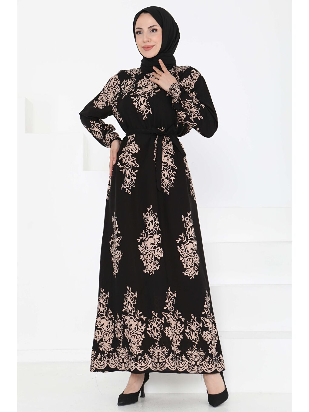 Kuşaklı Desenli Elbise Siyah - 27191
