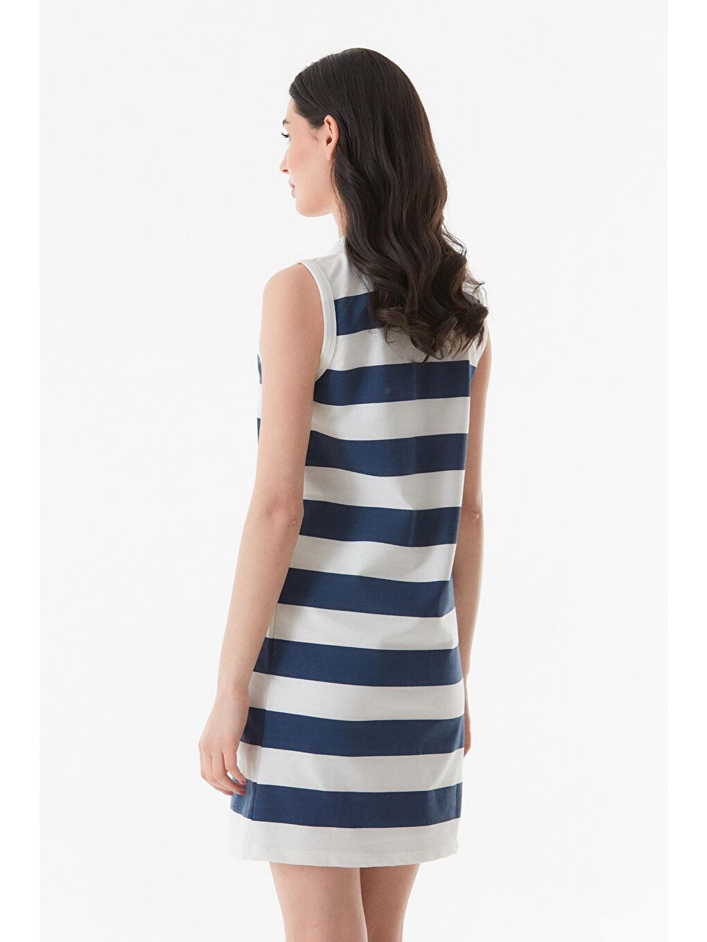 Lacivert Çizgili Gömlek Yaka  Elbise-3