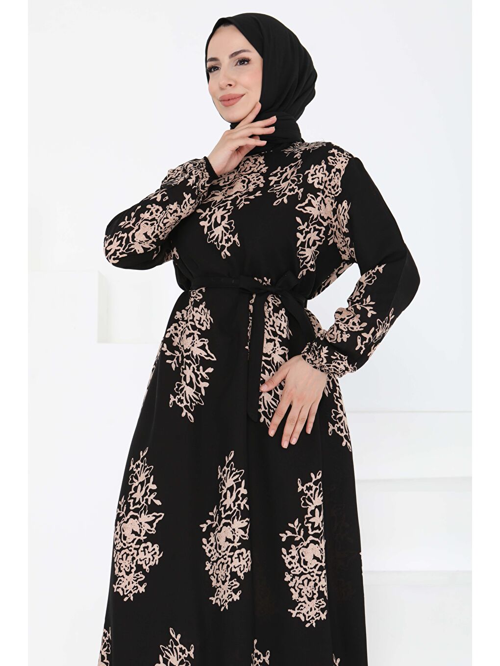 Kuşaklı Desenli Elbise Siyah - 27191-1