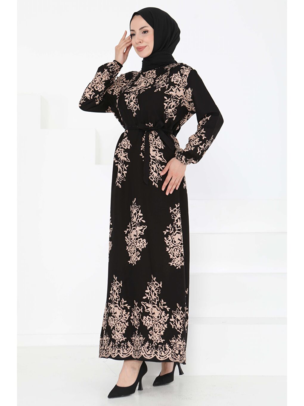 Kuşaklı Desenli Elbise Siyah - 27191-2