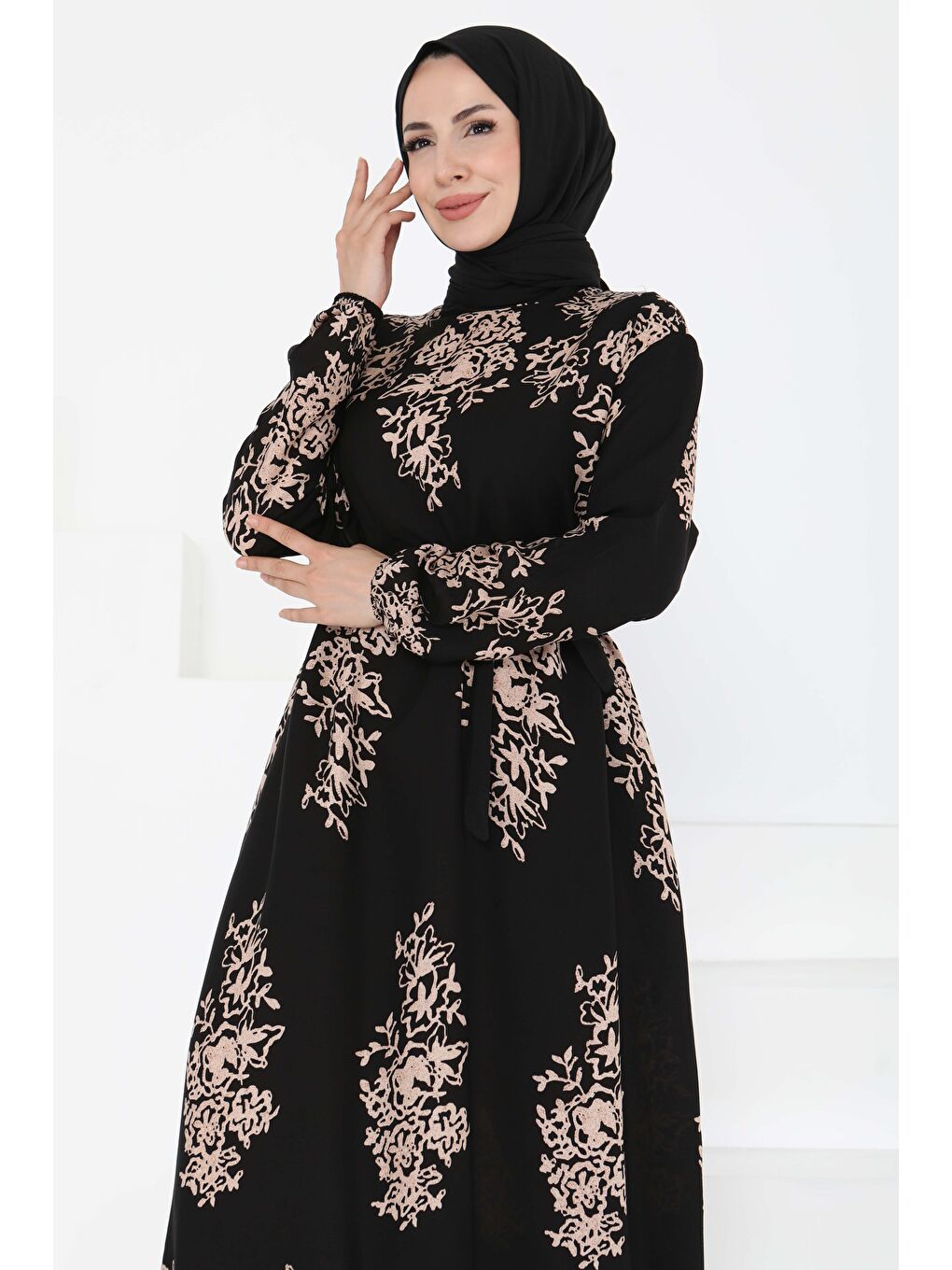 Kuşaklı Desenli Elbise Siyah - 27191-3