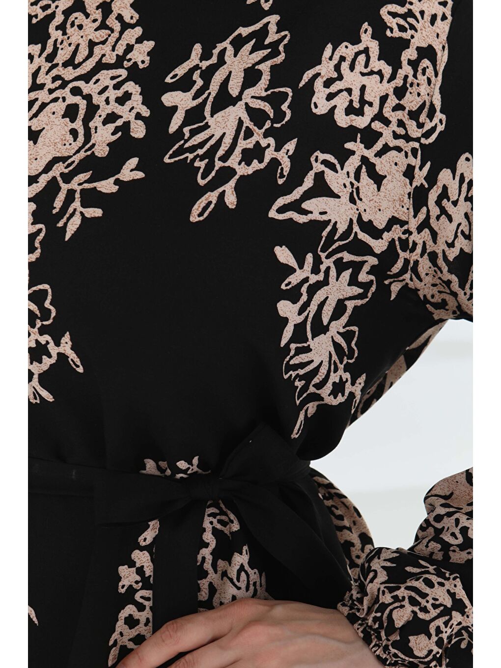 Kuşaklı Desenli Elbise Siyah - 27191-4