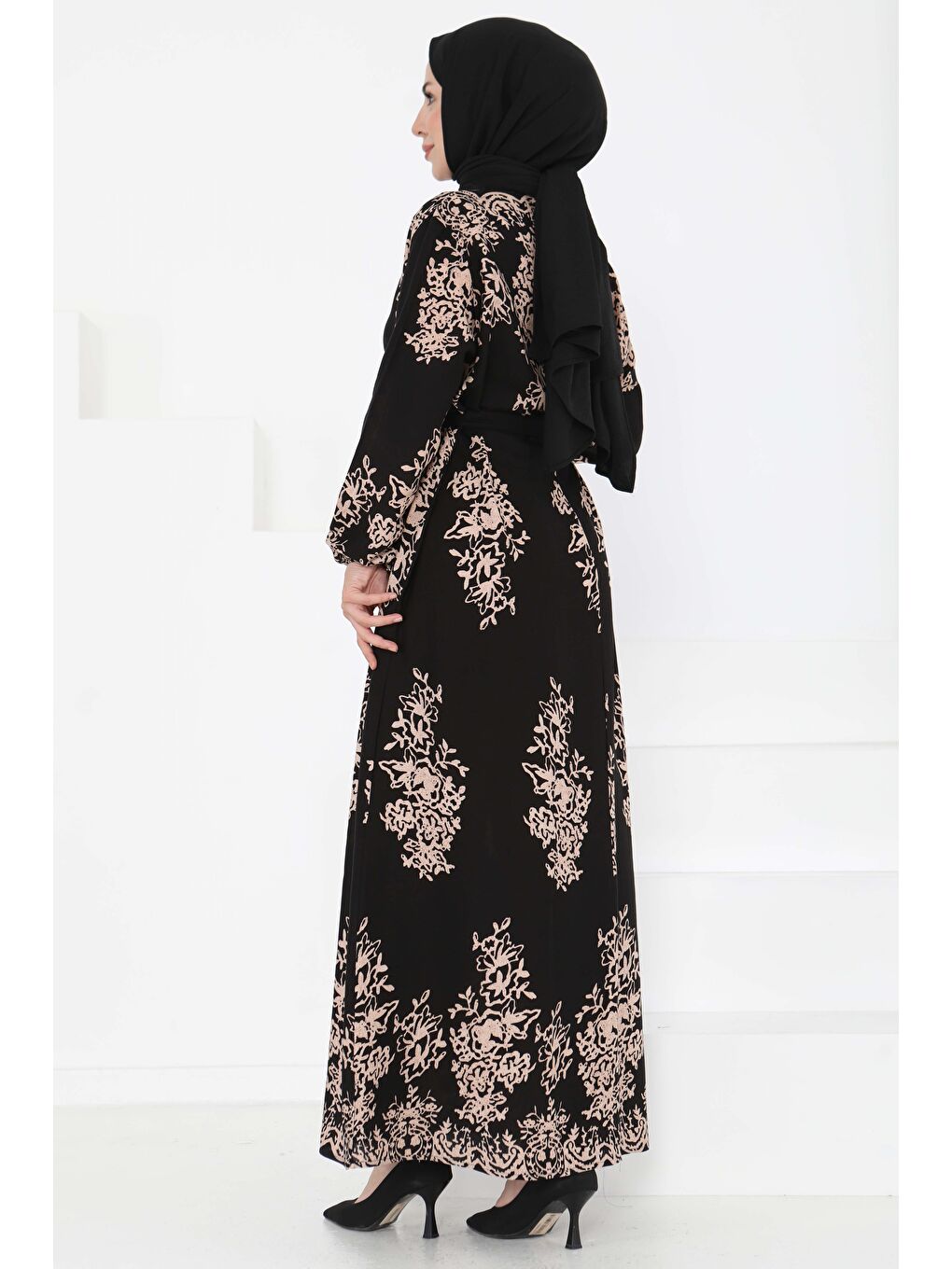 Kuşaklı Desenli Elbise Siyah - 27191-5