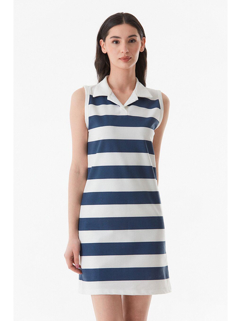 Lacivert Çizgili Gömlek Yaka  Elbise-4