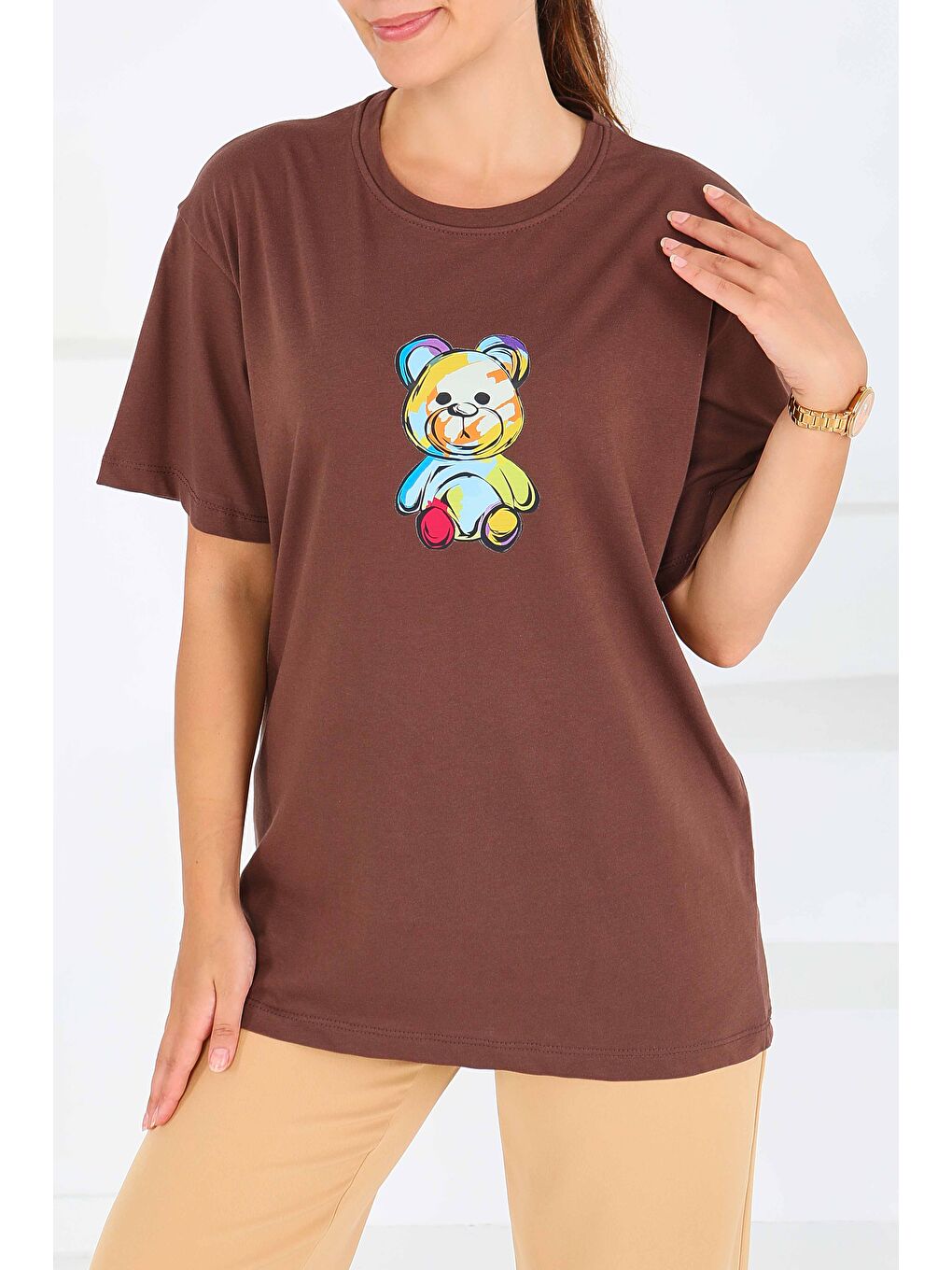 Kahverengi Baskılı Kısa Kollu T-Şhirt Kahve - 27545-1