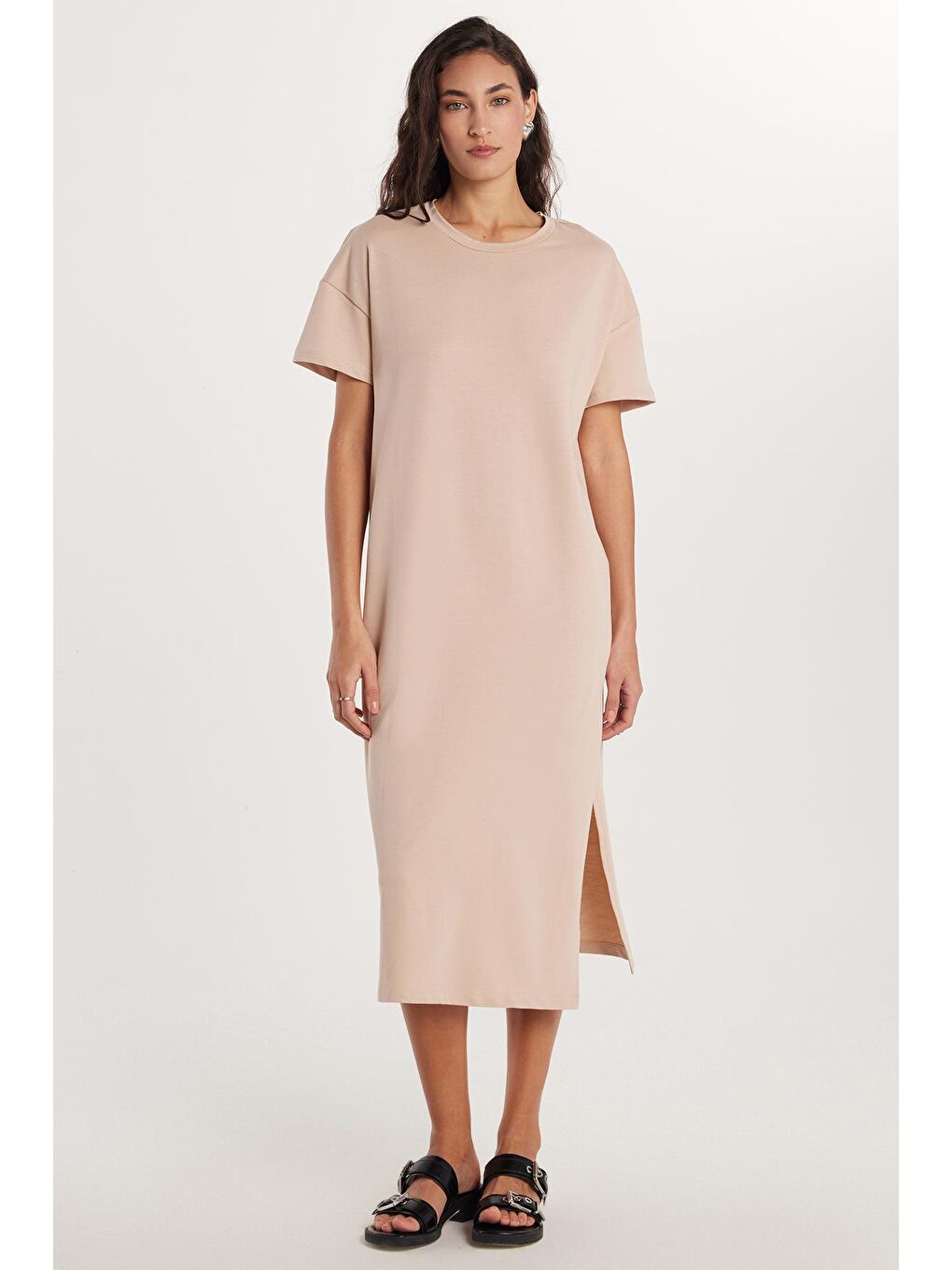 Kadın Regular Fit Kısa Kollu Bisiklet Yaka Bej Elbise-3