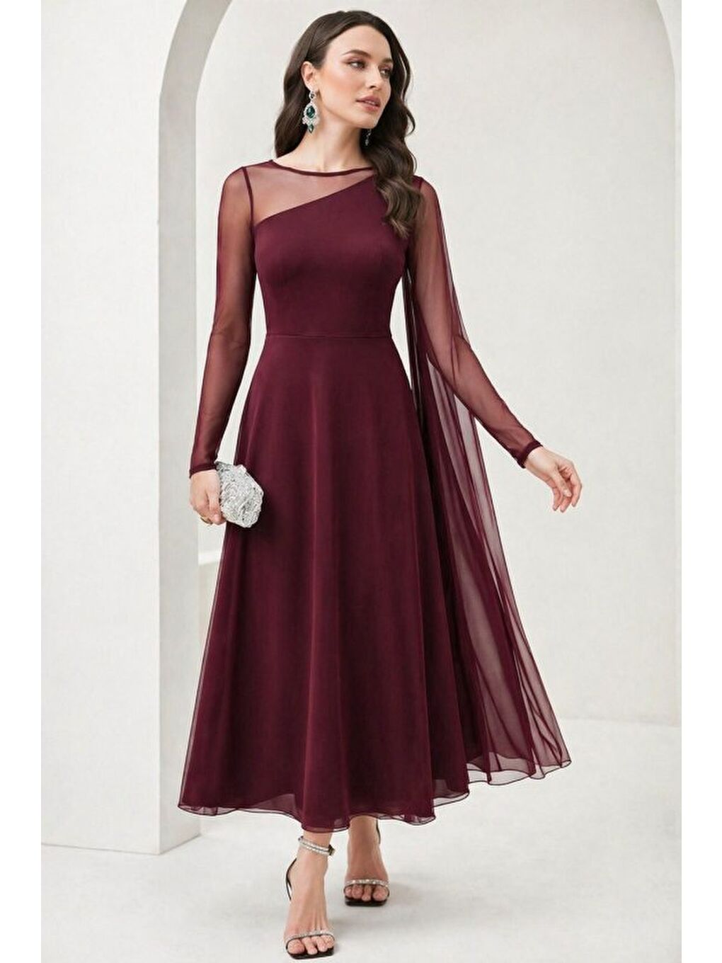Bordo Kadın Uzun Kollu Yarı Balıkçı Yaka Tül Detaylı Uzun Sandy Elbise