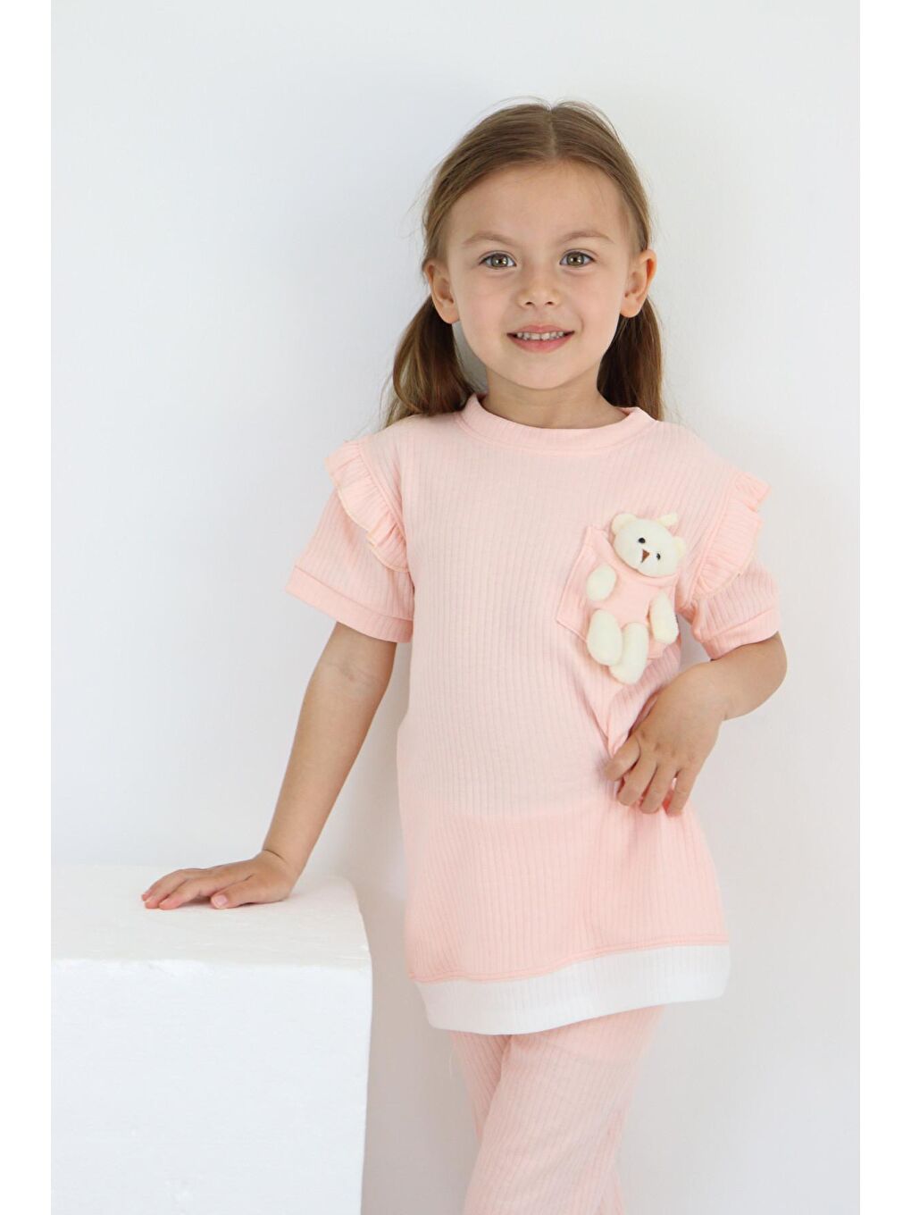 Harika Kids Pembe Kız Çocuk Ayıcık Oyuncaklı Kaprili Yazlık Basic Takım 2-5 yaş - 1