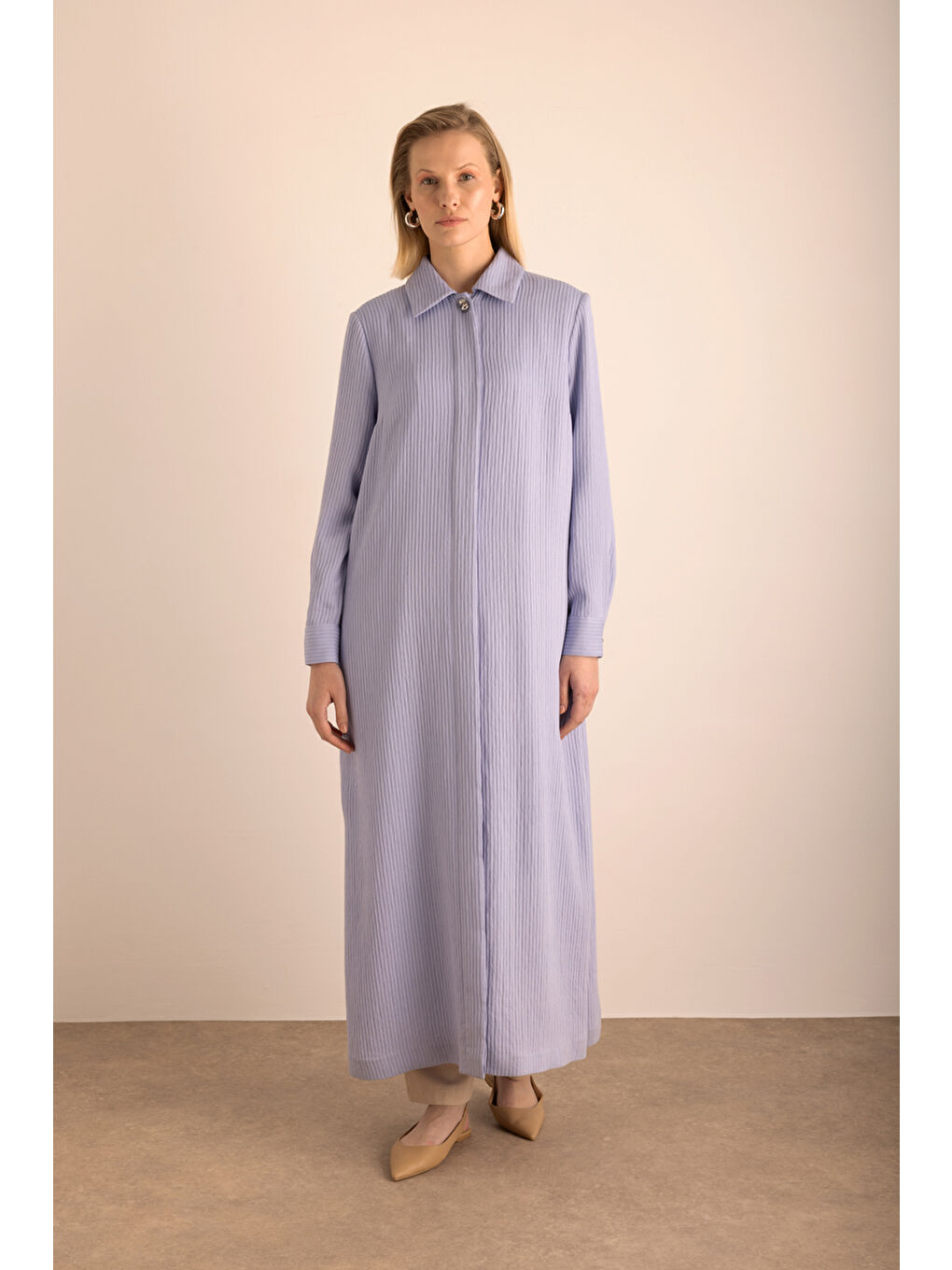 Lila Kumaşı Çizgi Dokulu Viscon Pardösü-2