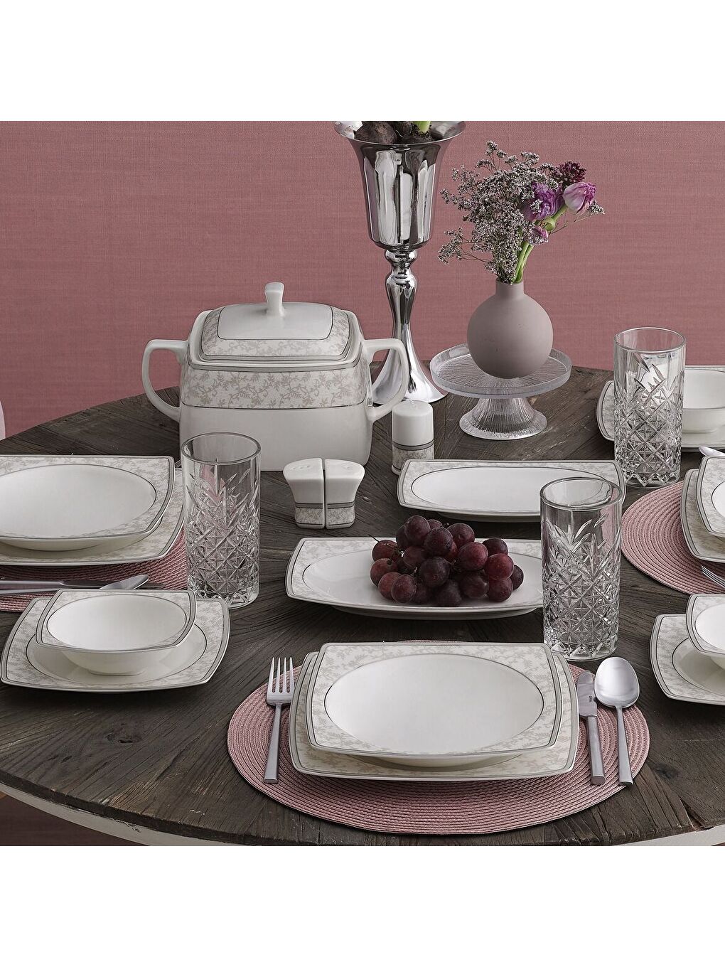 Ekru Caroline 85 Parça 12 Kişilik Kare Yemek Takımı 5676