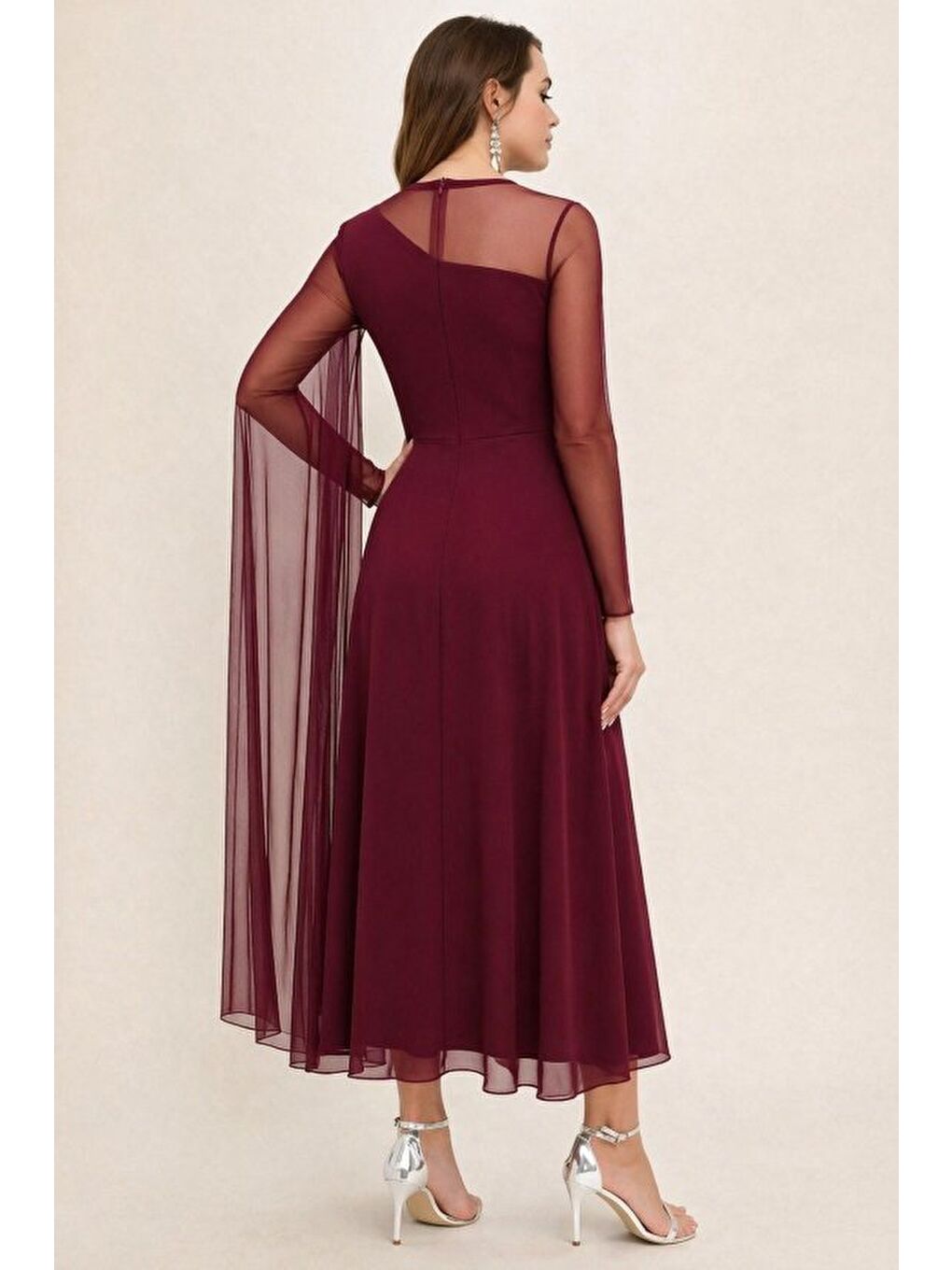 Bordo Kadın Uzun Kollu Yarı Balıkçı Yaka Tül Detaylı Uzun Sandy Elbise-1