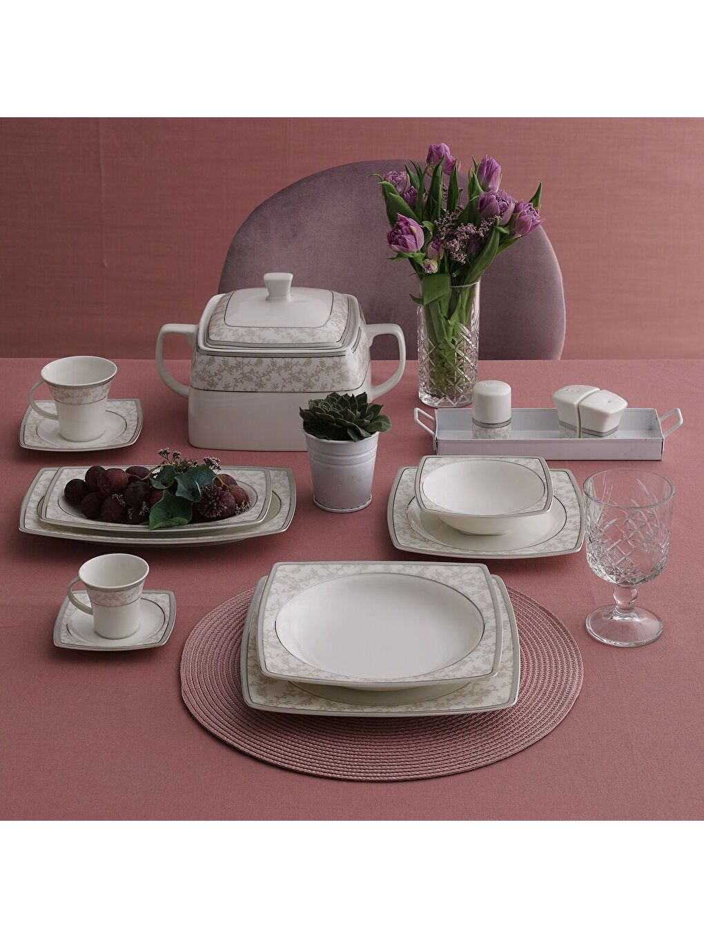 Ekru Caroline 85 Parça 12 Kişilik Kare Yemek Takımı 5676-1