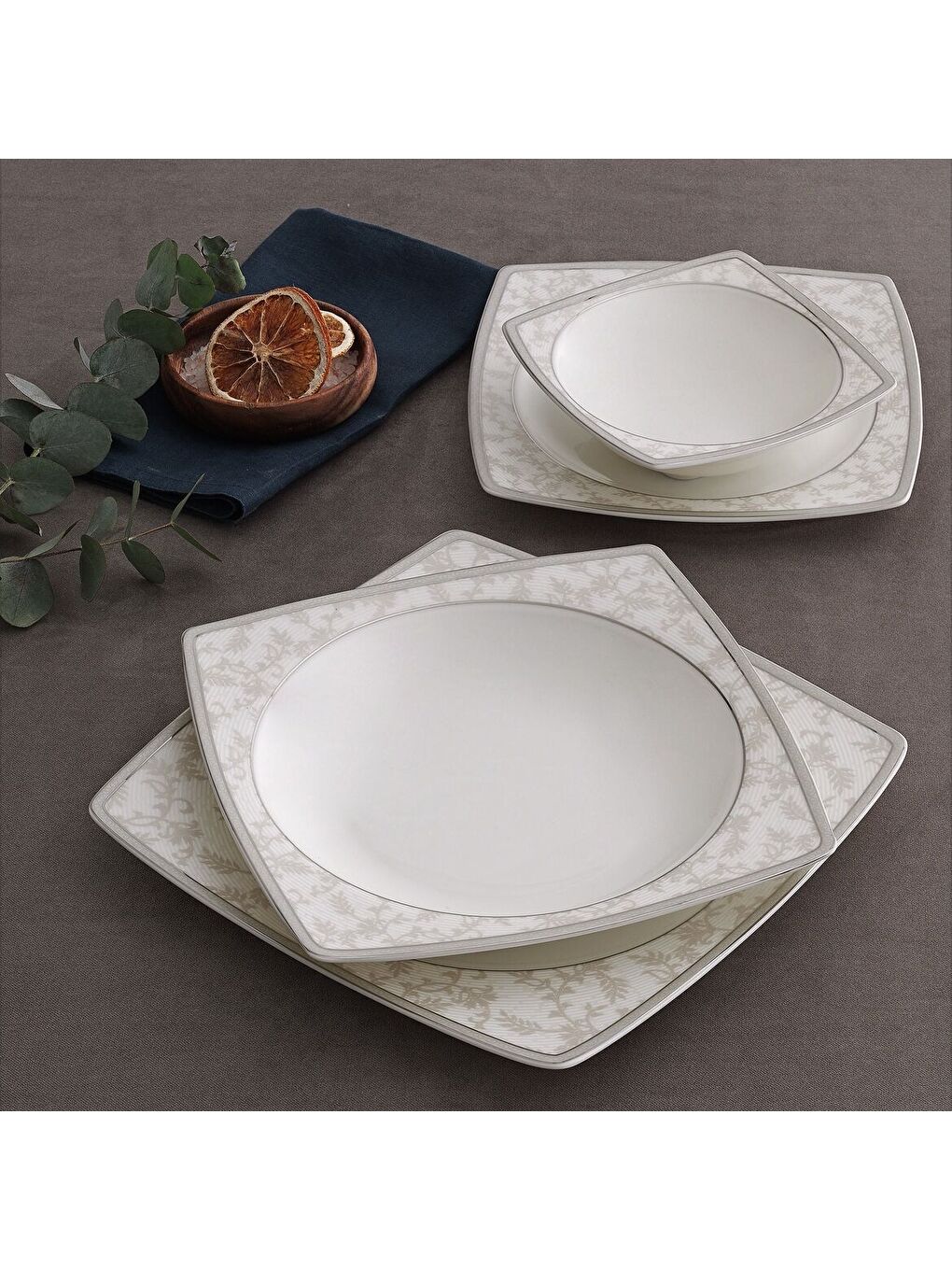 Ekru Caroline 85 Parça 12 Kişilik Kare Yemek Takımı 5676-3