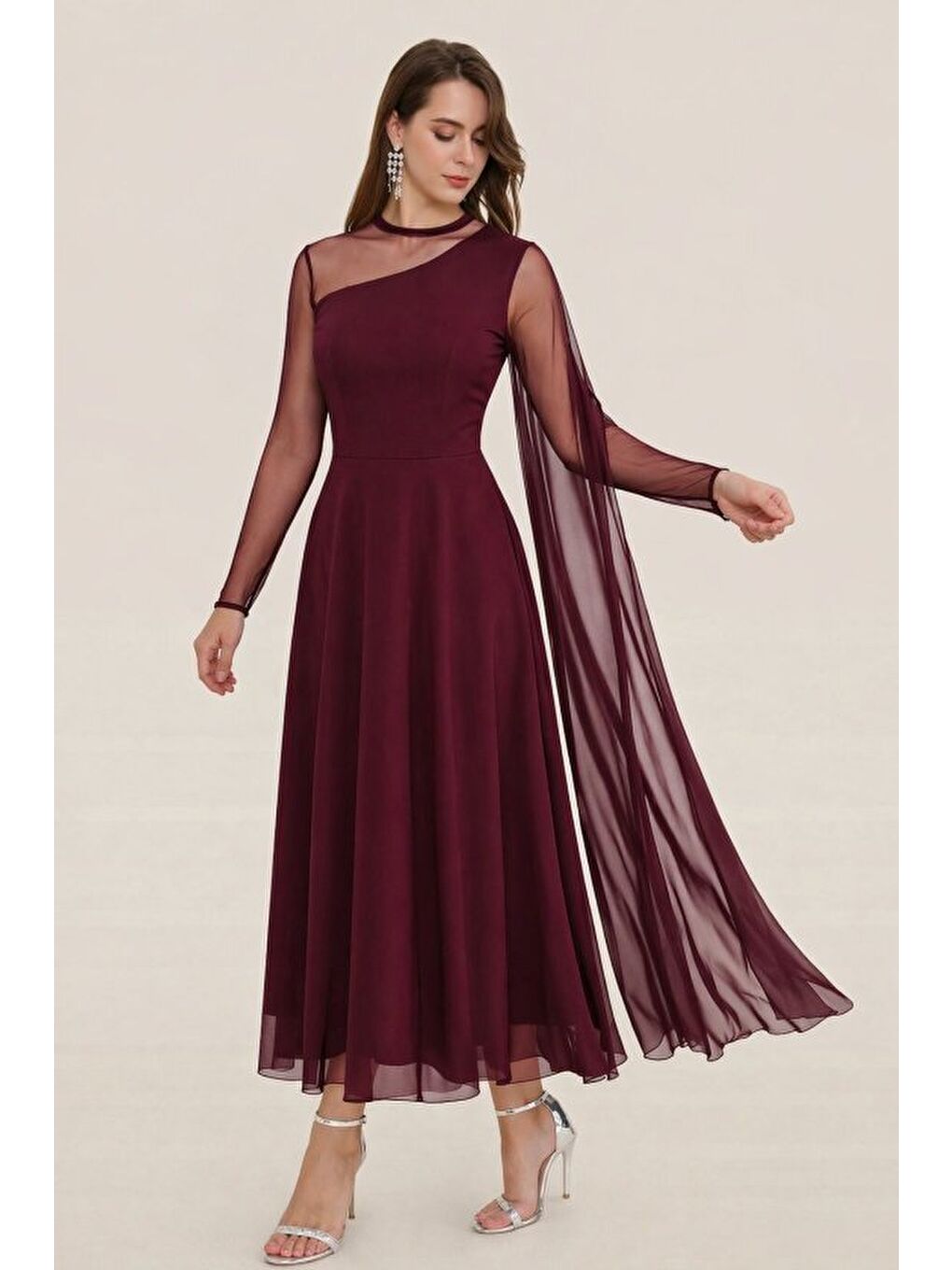 Bordo Kadın Uzun Kollu Yarı Balıkçı Yaka Tül Detaylı Uzun Sandy Elbise-2