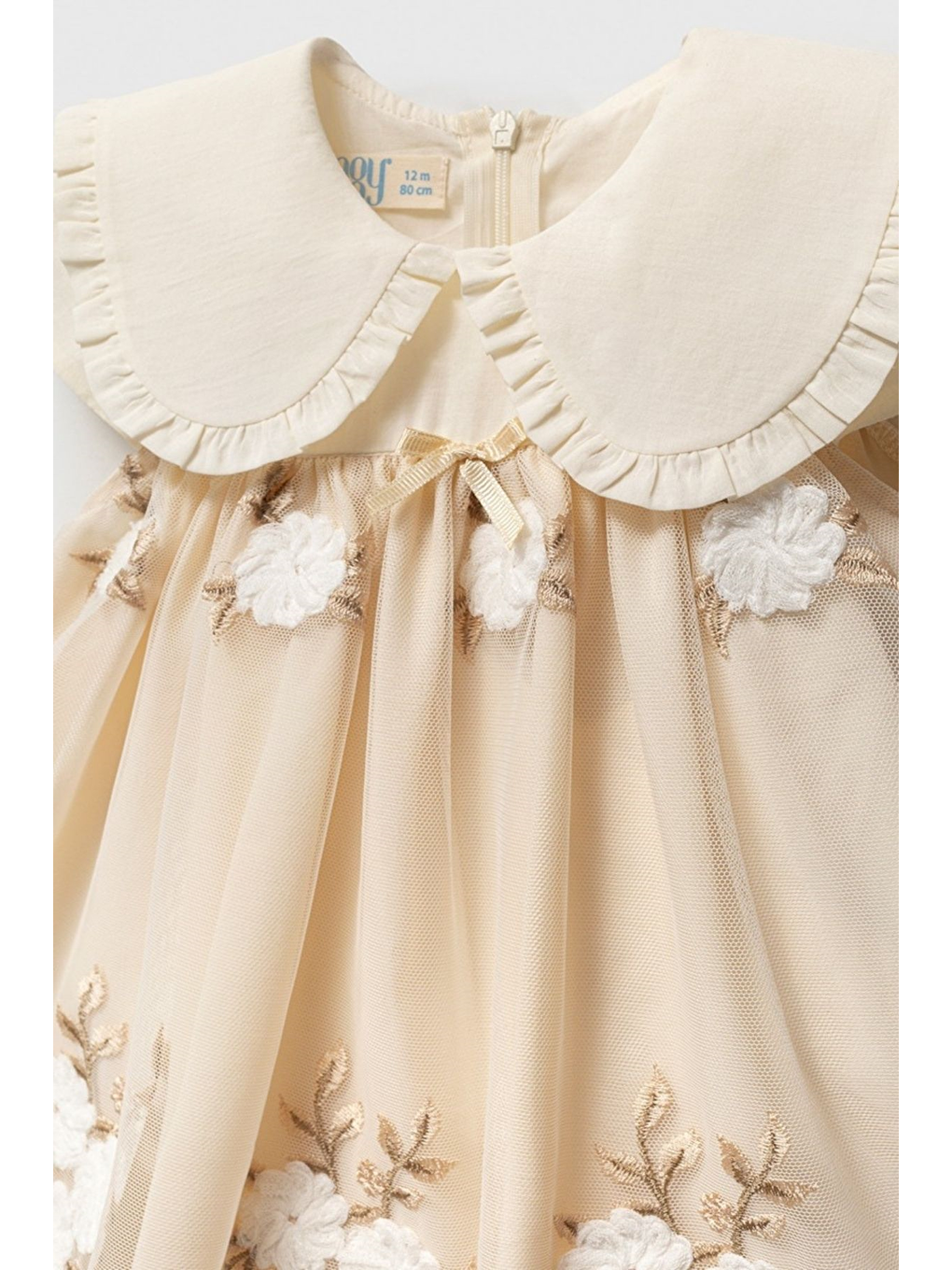 Ekru Kız Bebek Zarif Dantel İşlemeli Bandanalı Elbise-1