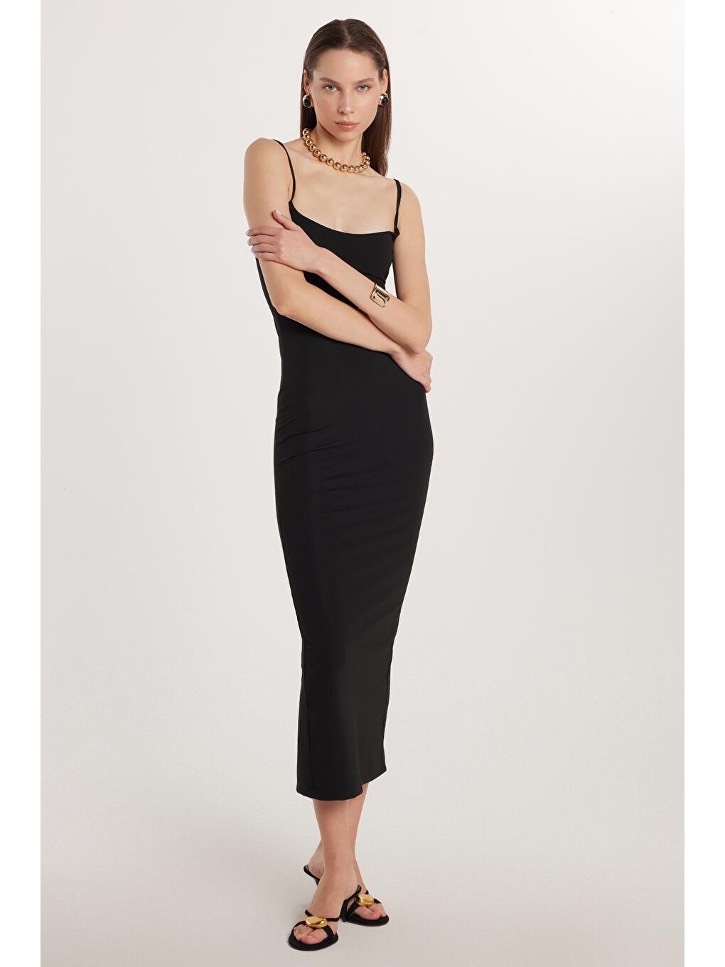 Kadın Slim Fit Dar Kesim İnce Askılı Kare Yaka Siyah Elbise