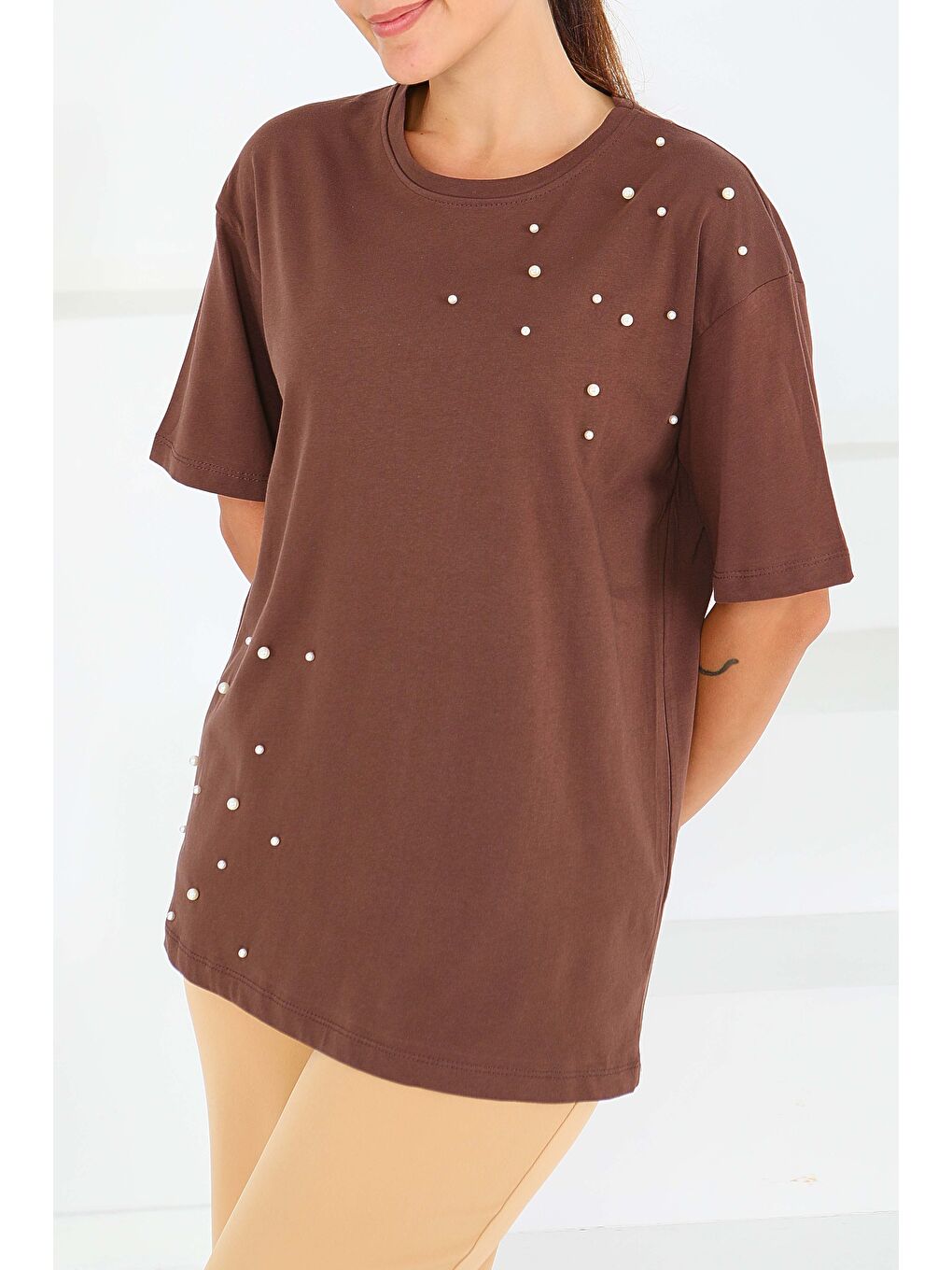 Kahverengi İncili Kısa Kollu T-Şhirt Kahve - 27543