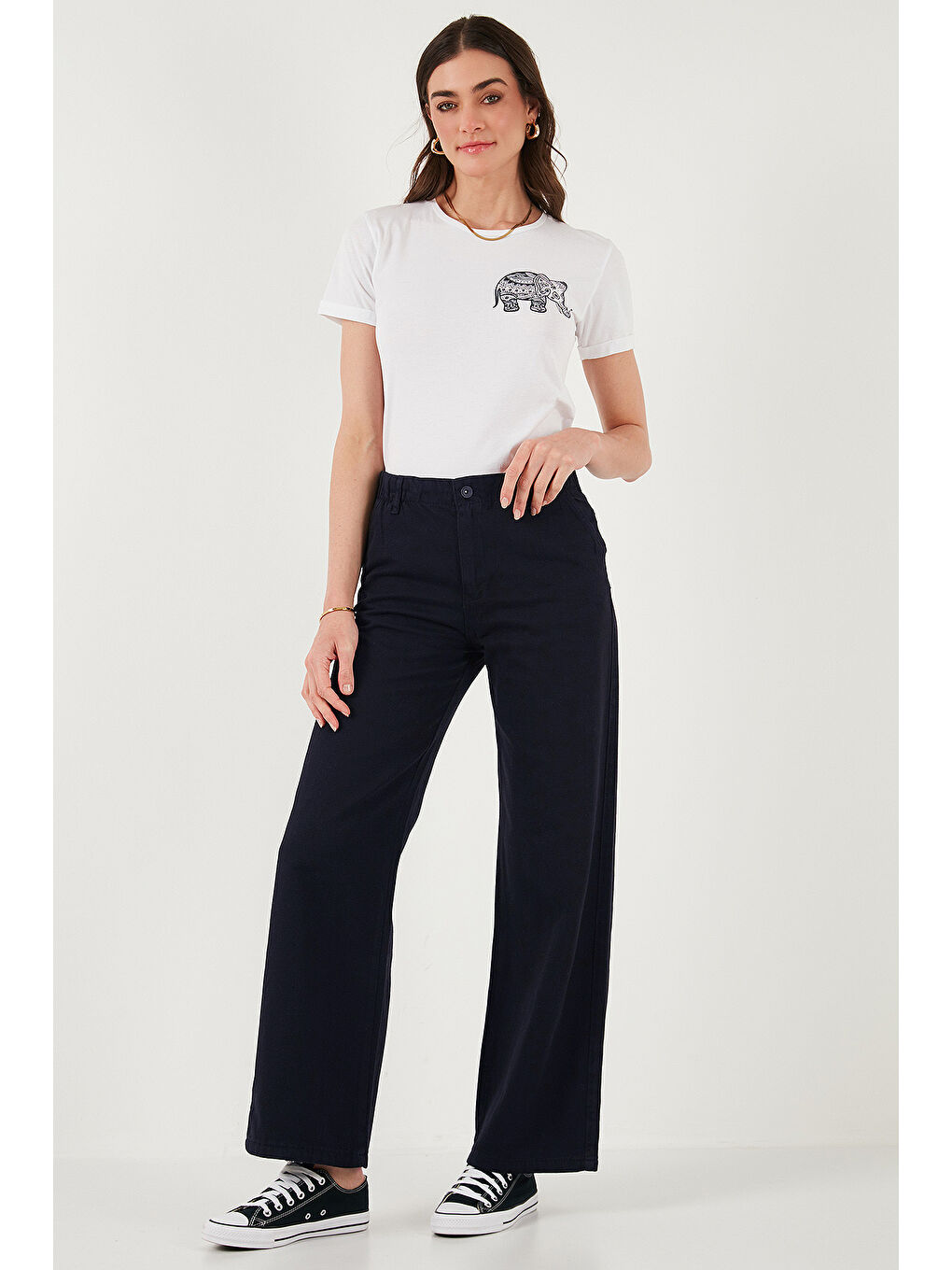 Lacivert Pamuklu Standart Fit Yüksek Bel Geniş Paça Kadın Pantolon 668YP5344