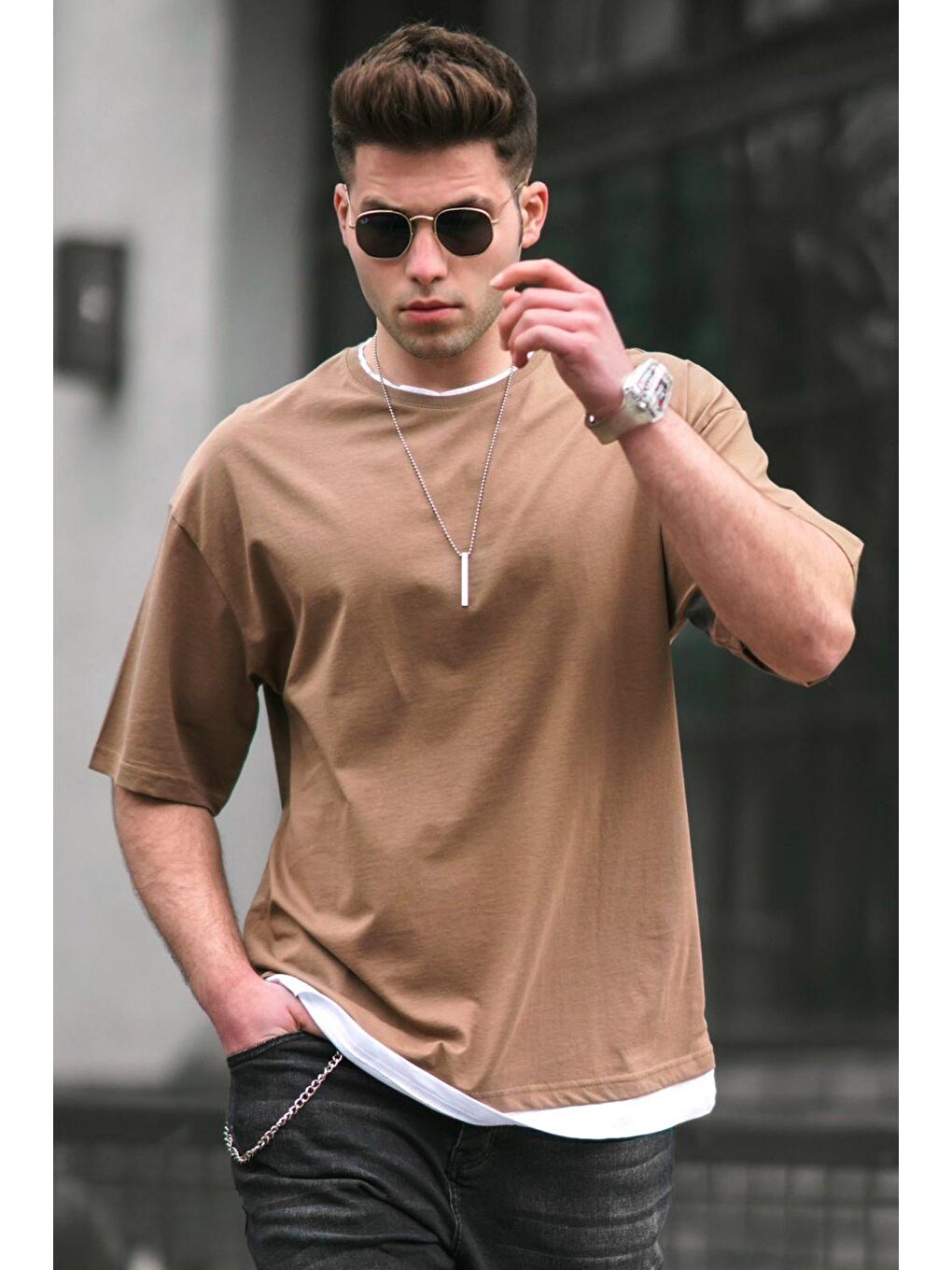 Oversize Kahverengi Erkek %100 Pamuk Tişört 4978