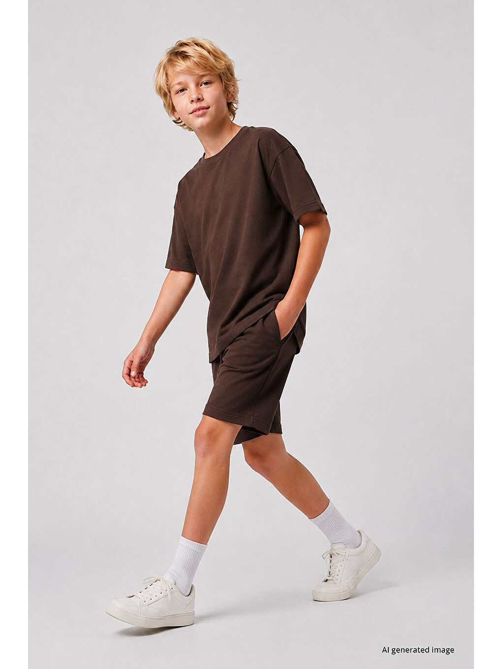 Kahverengi Oversize Fit Basic Erkek Çocuk Şort Takım - 11335