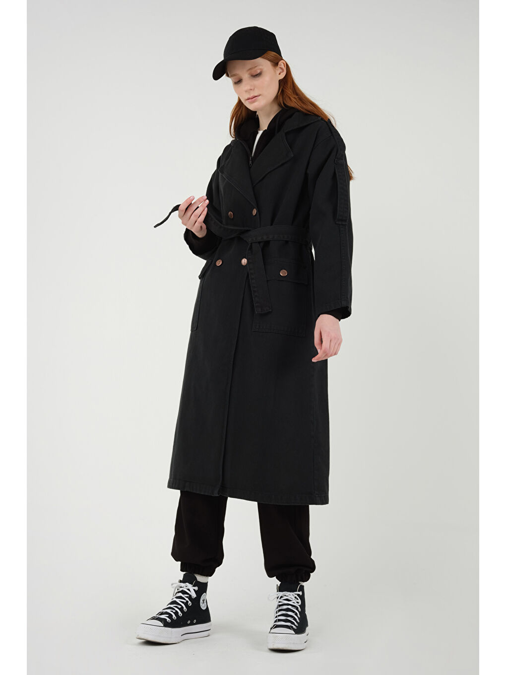Denim Trençkot Uzun Siyah