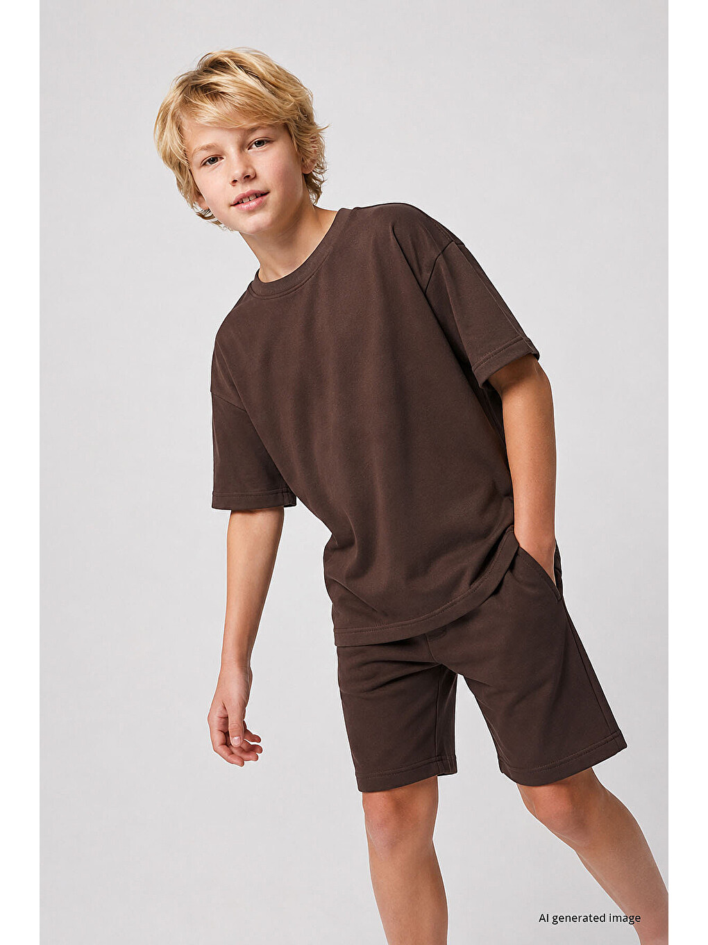 Kahverengi Oversize Fit Basic Erkek Çocuk Şort Takım - 11335-1