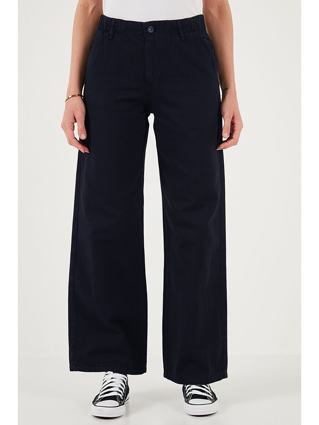 Lacivert Pamuklu Standart Fit Yüksek Bel Geniş Paça Kadın Pantolon 668YP5344-1