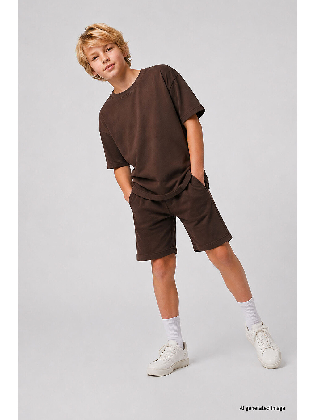 Kahverengi Oversize Fit Basic Erkek Çocuk Şort Takım - 11335-2