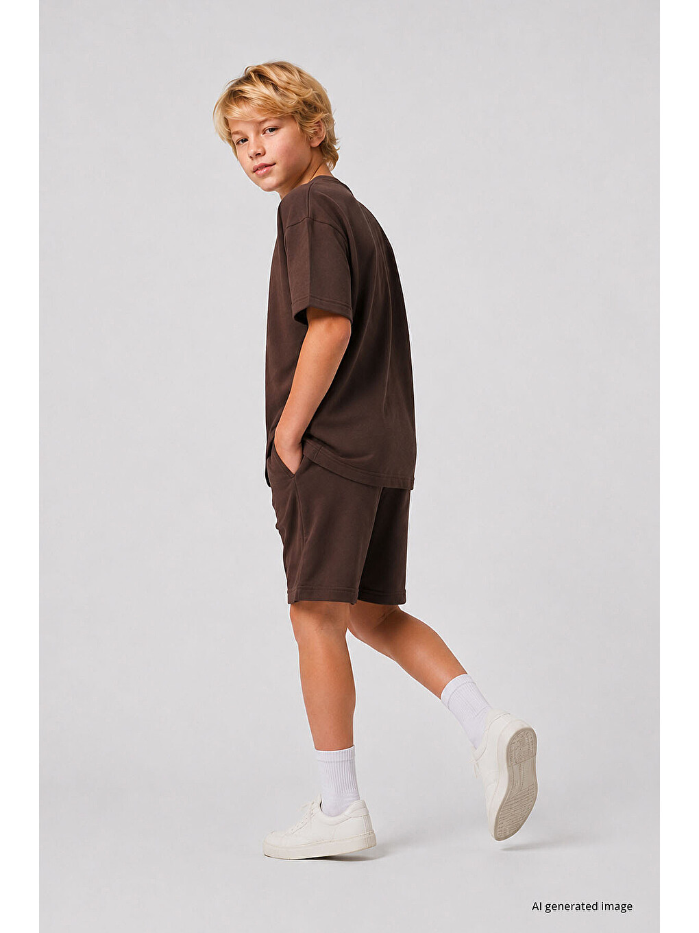 Kahverengi Oversize Fit Basic Erkek Çocuk Şort Takım - 11335-3