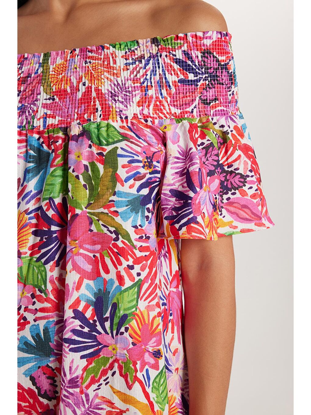 Karışık Kadın Slim Fit Dar Kesim Kısa Kollu Gofre Kumaş Straplez Baskılı Elbise-2