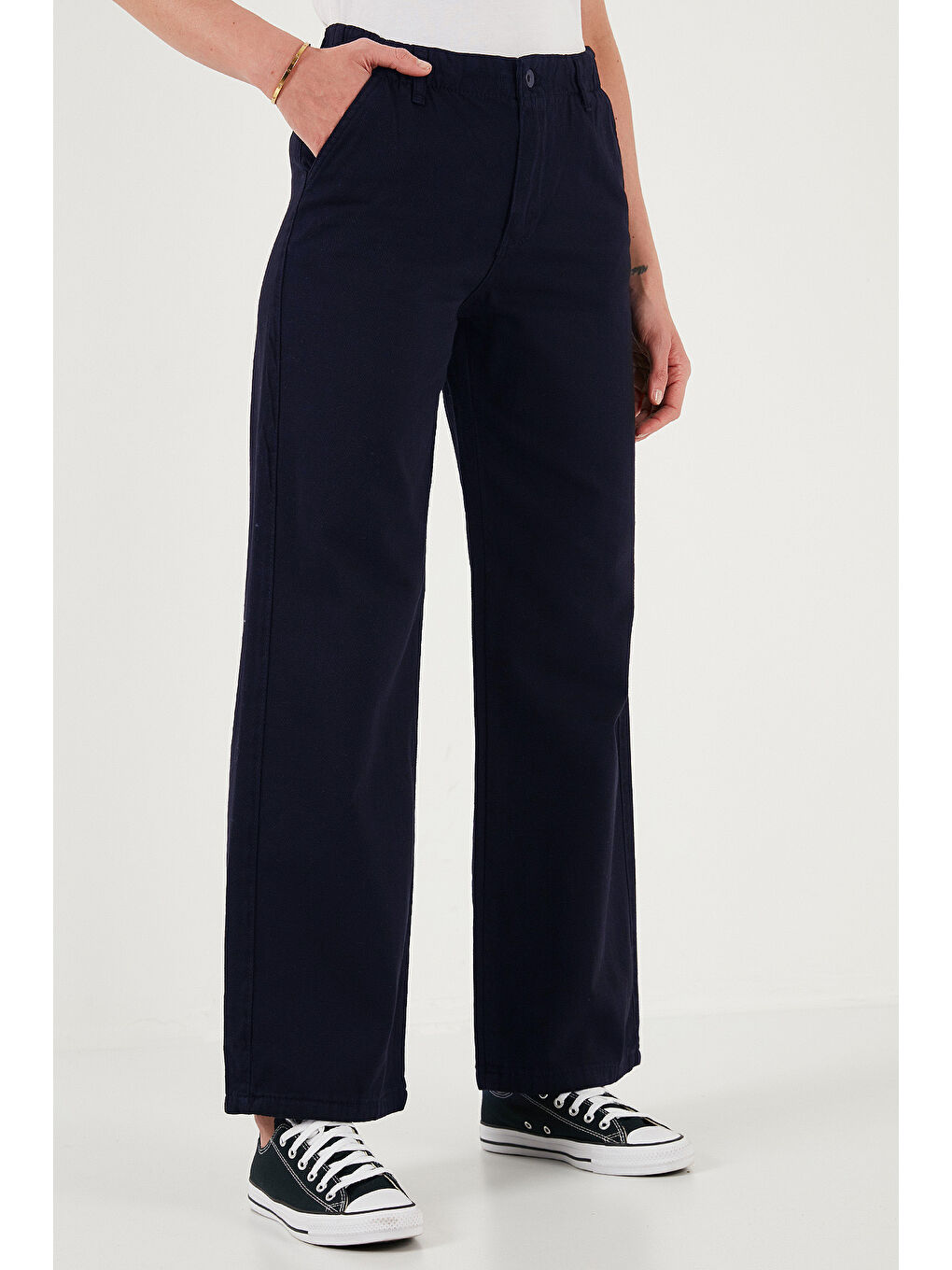 Lacivert Pamuklu Standart Fit Yüksek Bel Geniş Paça Kadın Pantolon 668YP5344-3