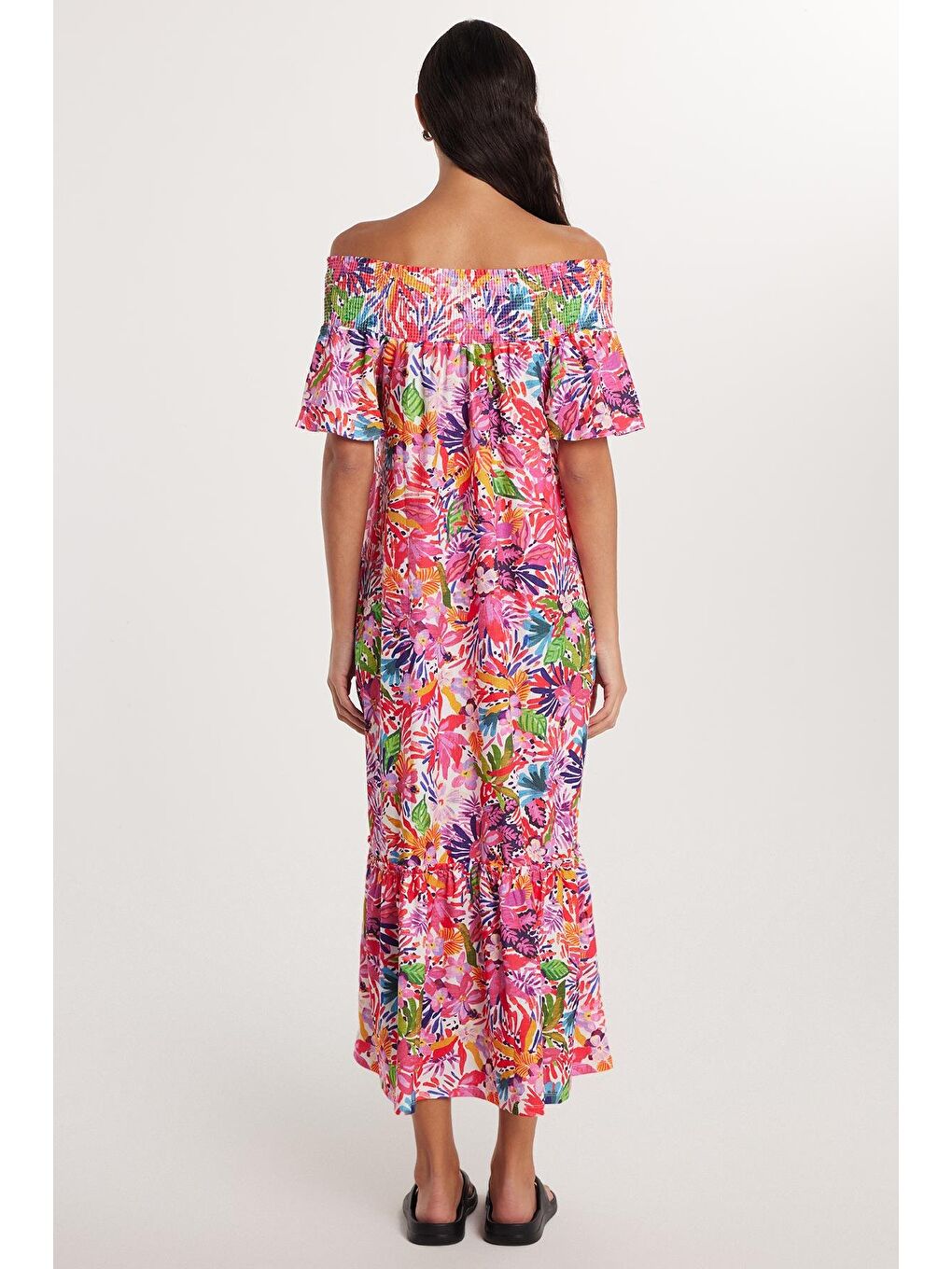 Karışık Kadın Slim Fit Dar Kesim Kısa Kollu Gofre Kumaş Straplez Baskılı Elbise-4