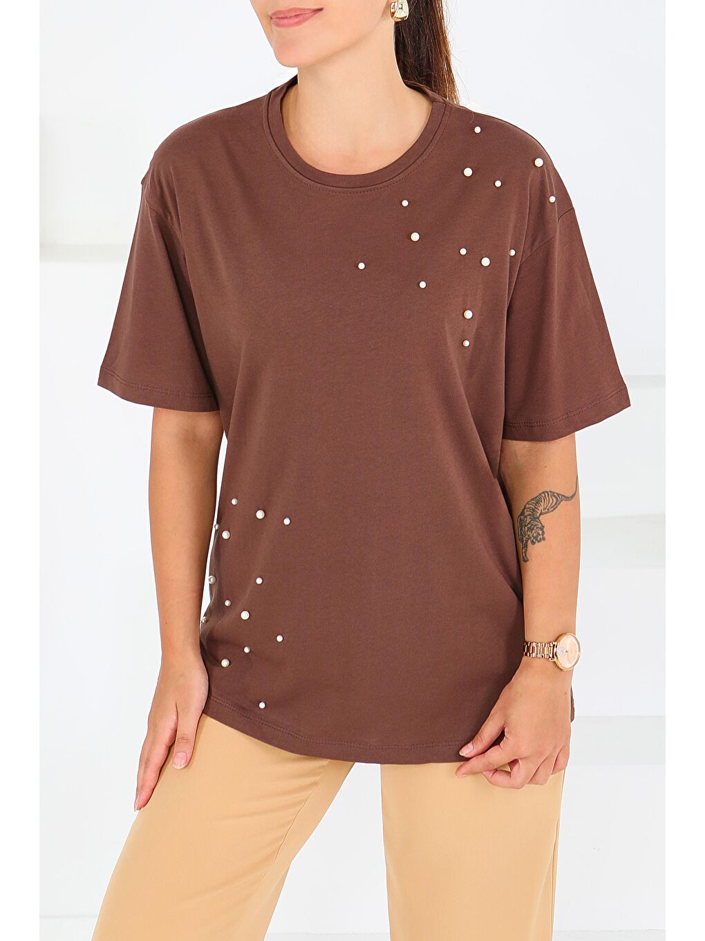 Kahverengi İncili Kısa Kollu T-Şhirt Kahve - 27543-1