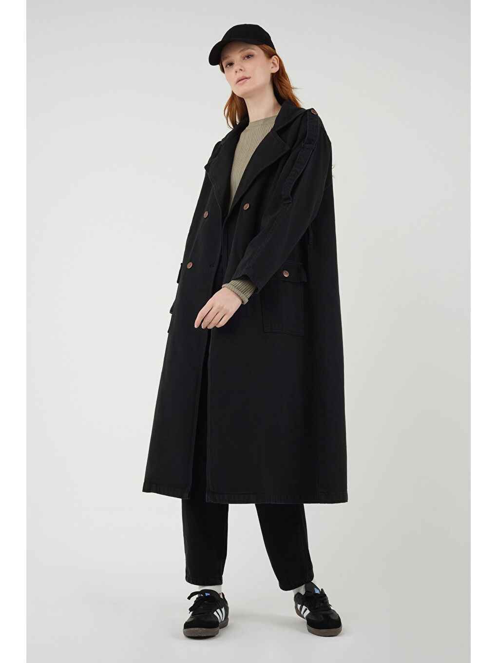 Denim Trençkot Uzun Siyah-1