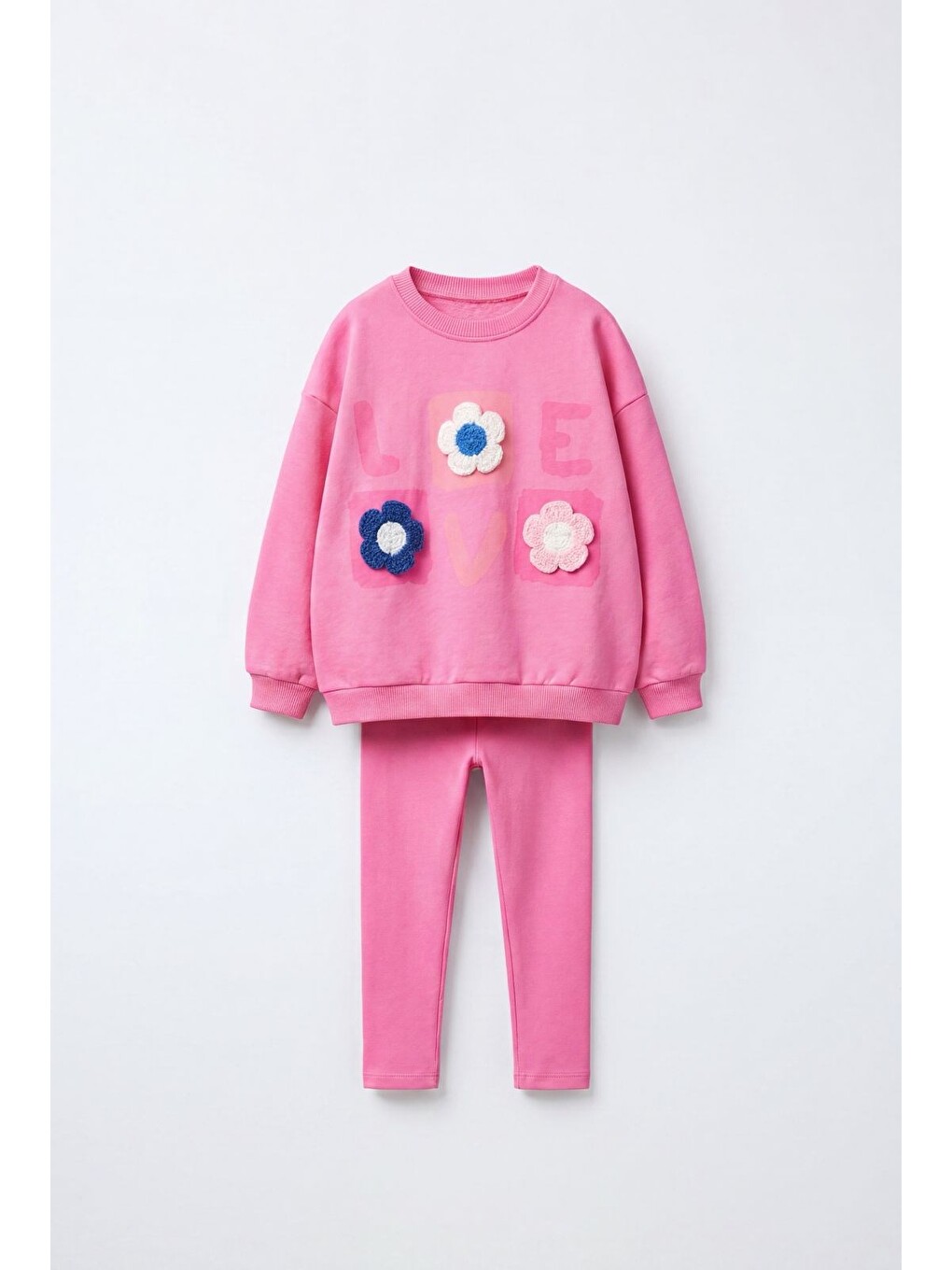 Kız Çocuk Çiçek Aplikeli Pembe Sweatshirt Ve Tayt Takımı