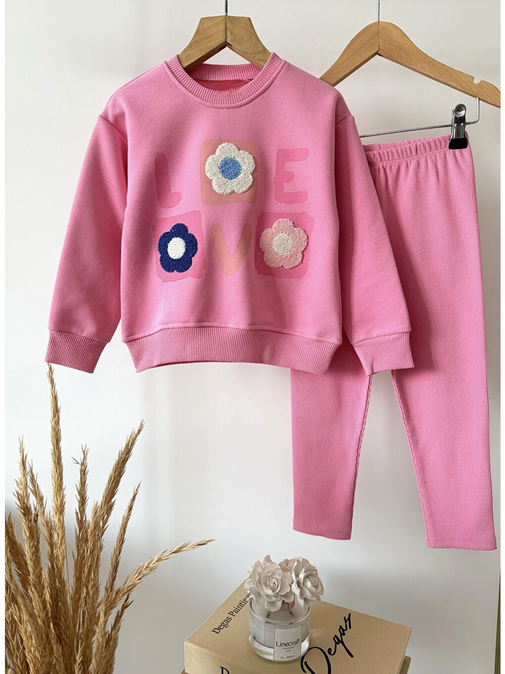 Kız Çocuk Çiçek Aplikeli Pembe Sweatshirt Ve Tayt Takımı-1