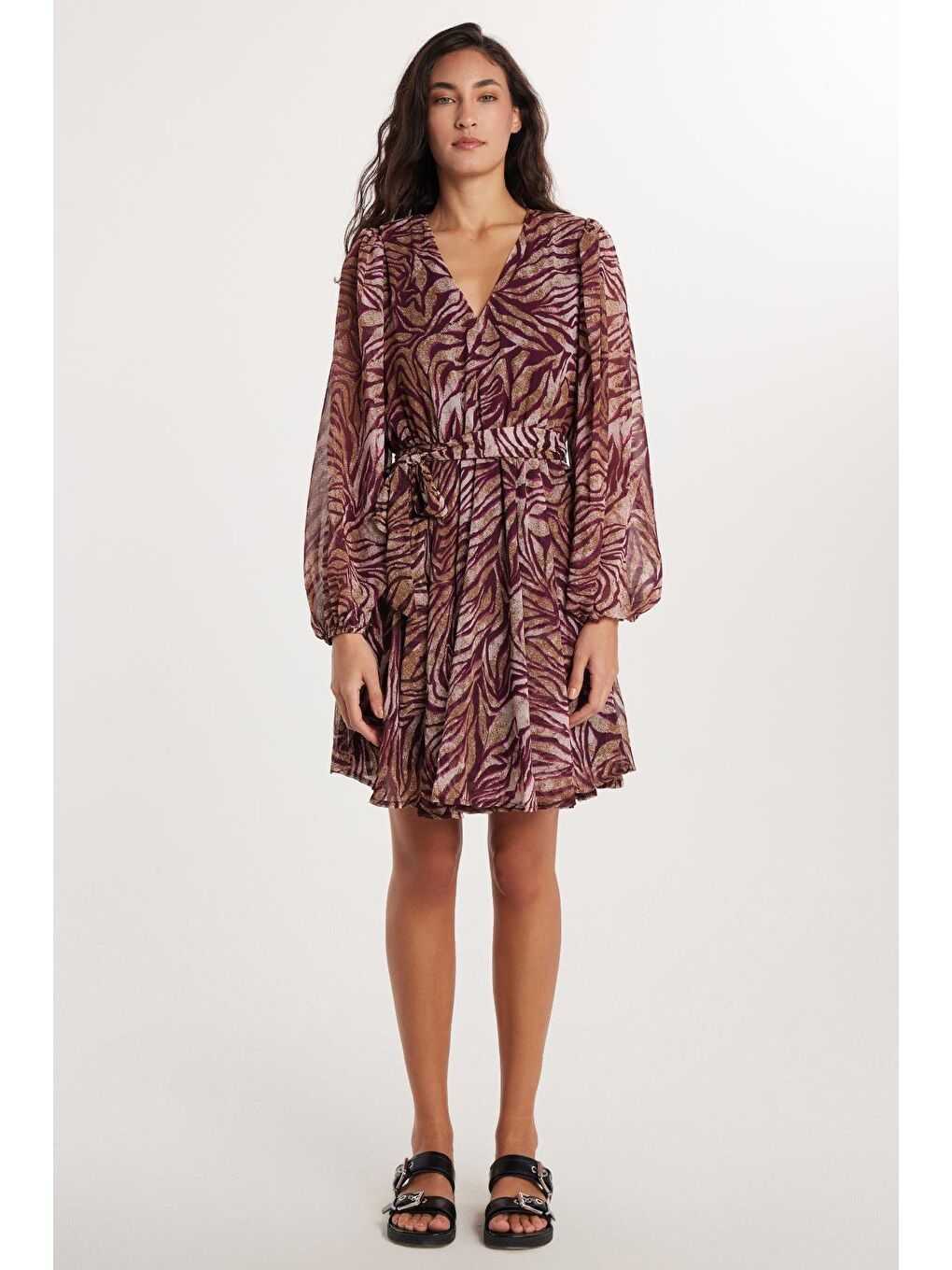 Karışık Kadın Standart Fit Uzun Kollu Lastikli V Yaka Kloş Elbise-3