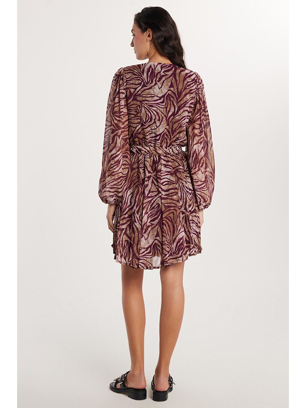 Karışık Kadın Standart Fit Uzun Kollu Lastikli V Yaka Kloş Elbise-4