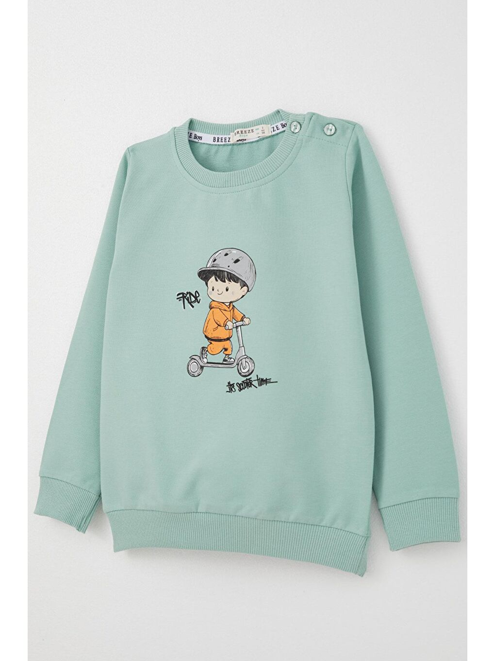 Turkuaz Erkek Bebek Eşofman Takım Scooter Süren Çocuk Baskılı Su Yeşili (9 Ay-2 Yaş)-5