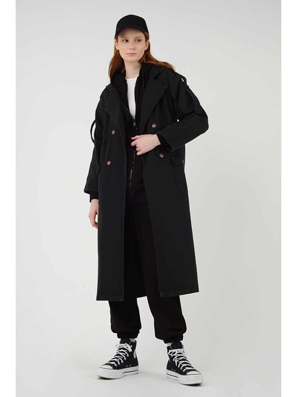 Denim Trençkot Uzun Siyah-4