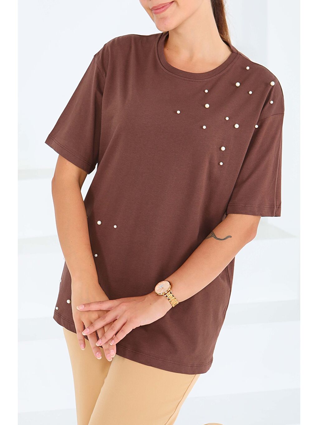 Kahverengi İncili Kısa Kollu T-Şhirt Kahve - 27543-2