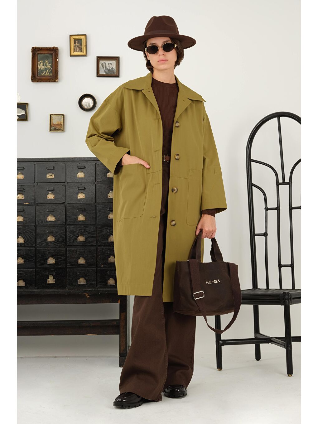 Yeşil Torba Cepli Trençkot Zeytin