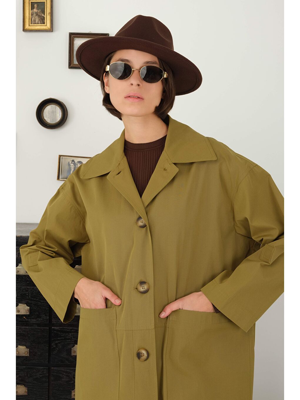 Yeşil Torba Cepli Trençkot Zeytin-2